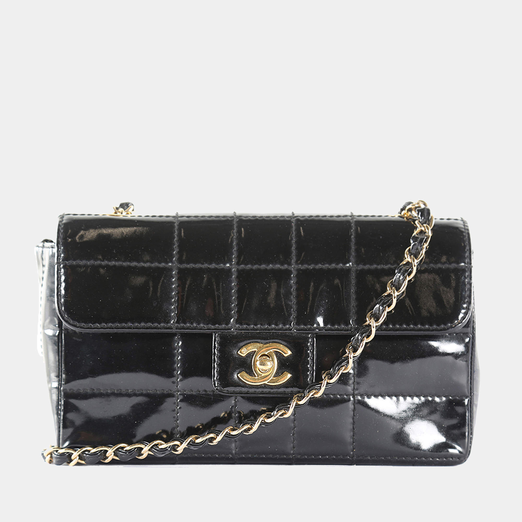 Chanel Black Patent Leather Quilted Chocolate Shoulder Bag | TLC