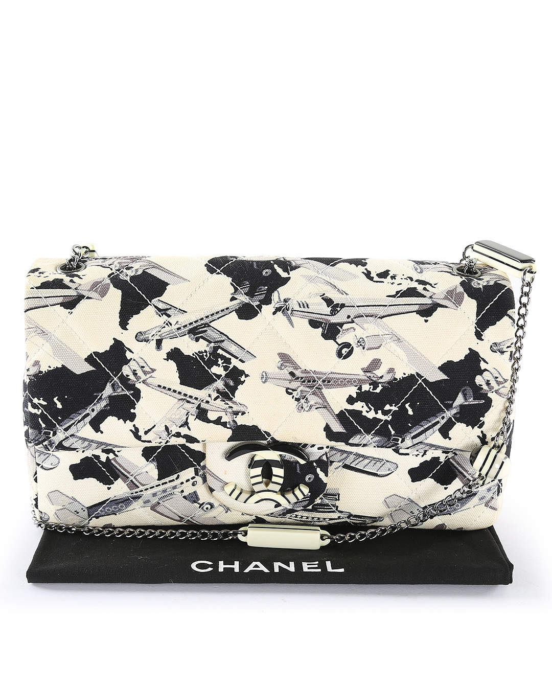 Chanel White & Navy Blue Quilted Canvas Airplane Print Single Flap Medium  Shoulder Bag Chanel | The Luxury Closet