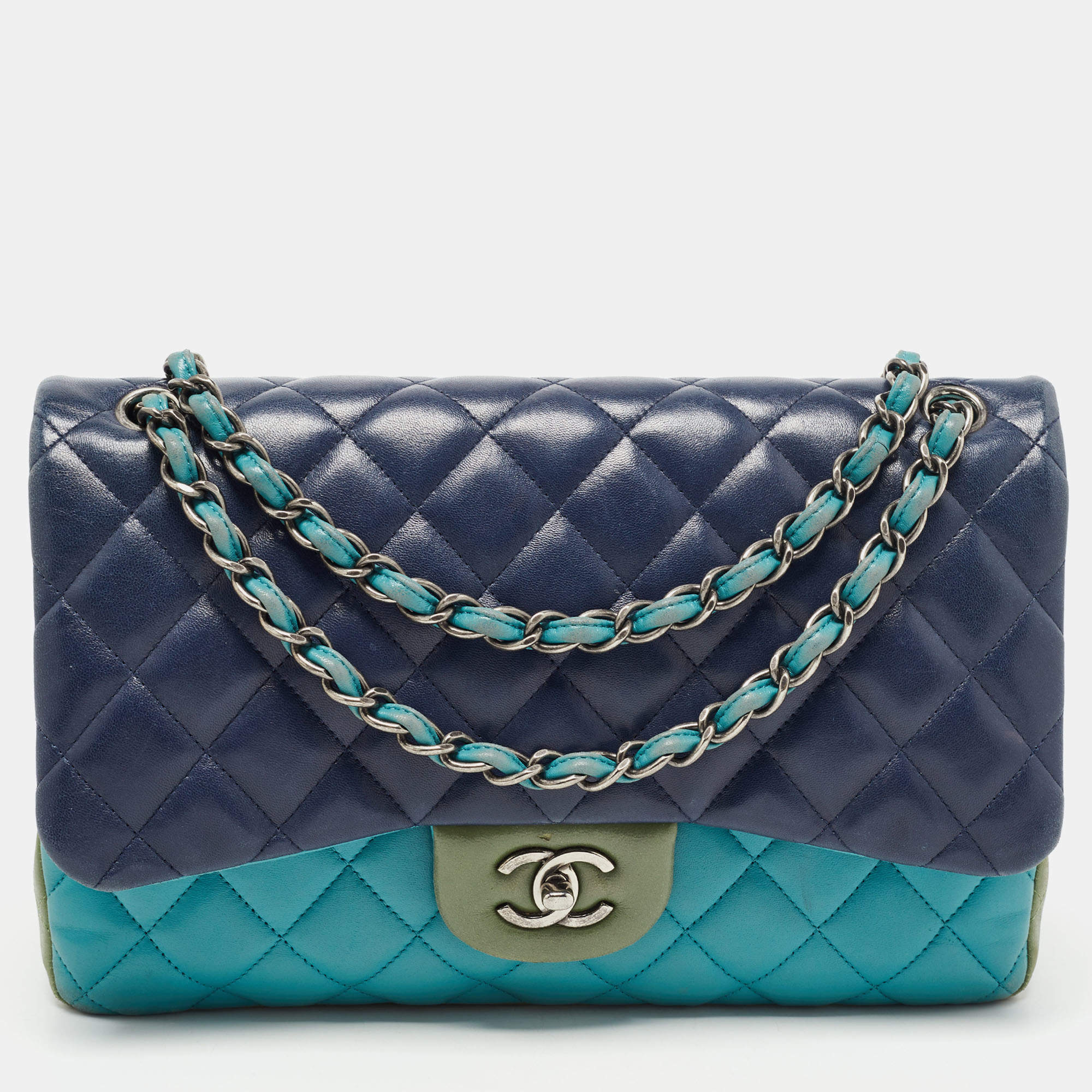 Pre Owned Chanel Tri Color Quilted Leather Jumbo Classic Double Flap Bag