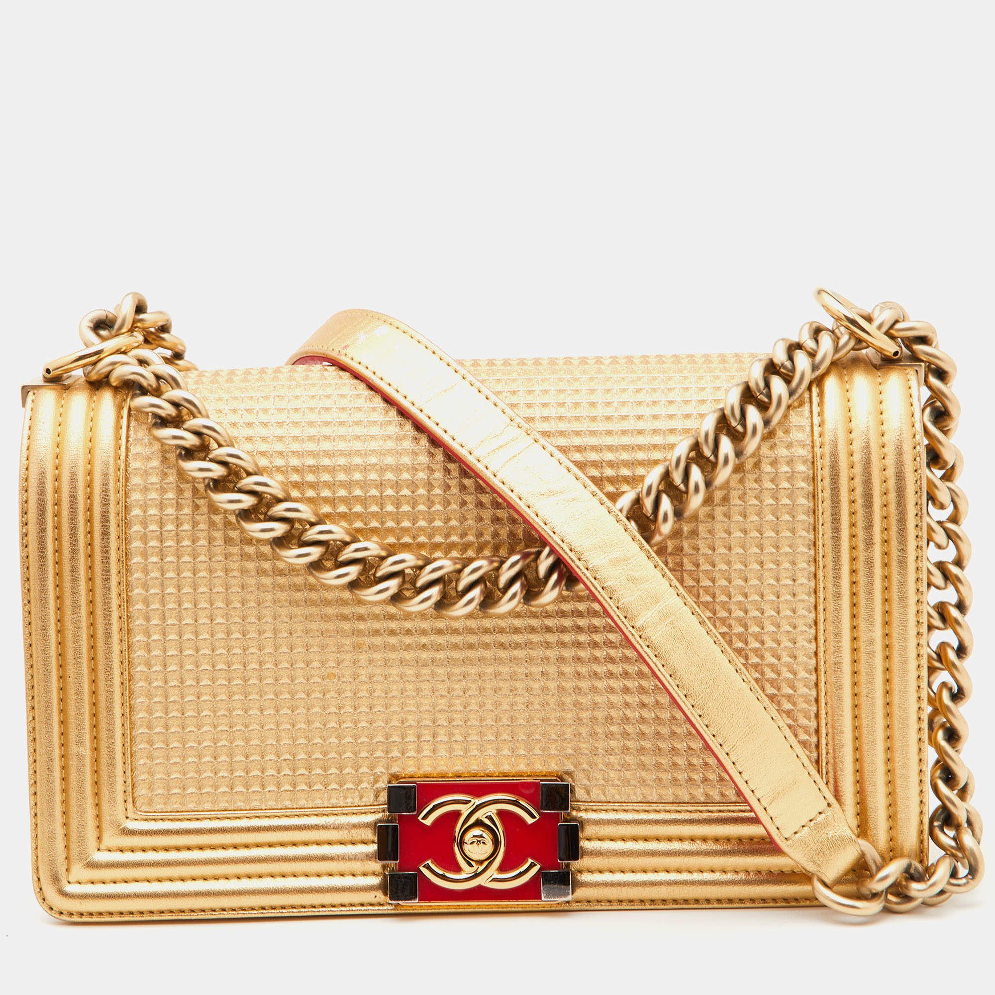 مملوكة مسبقًا Chanel Gold Cube Embossed Leather Medium Boy Flap Bag
