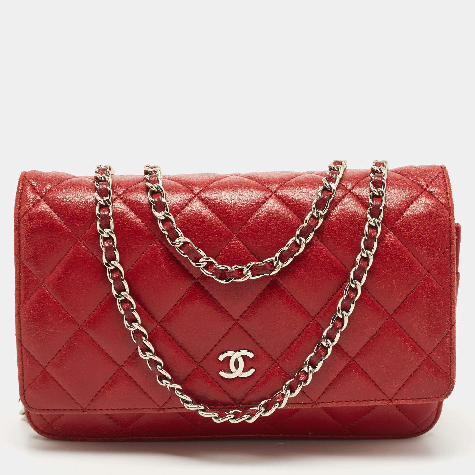 Chanel Red Quilted Leather Classic Wallet on Chain