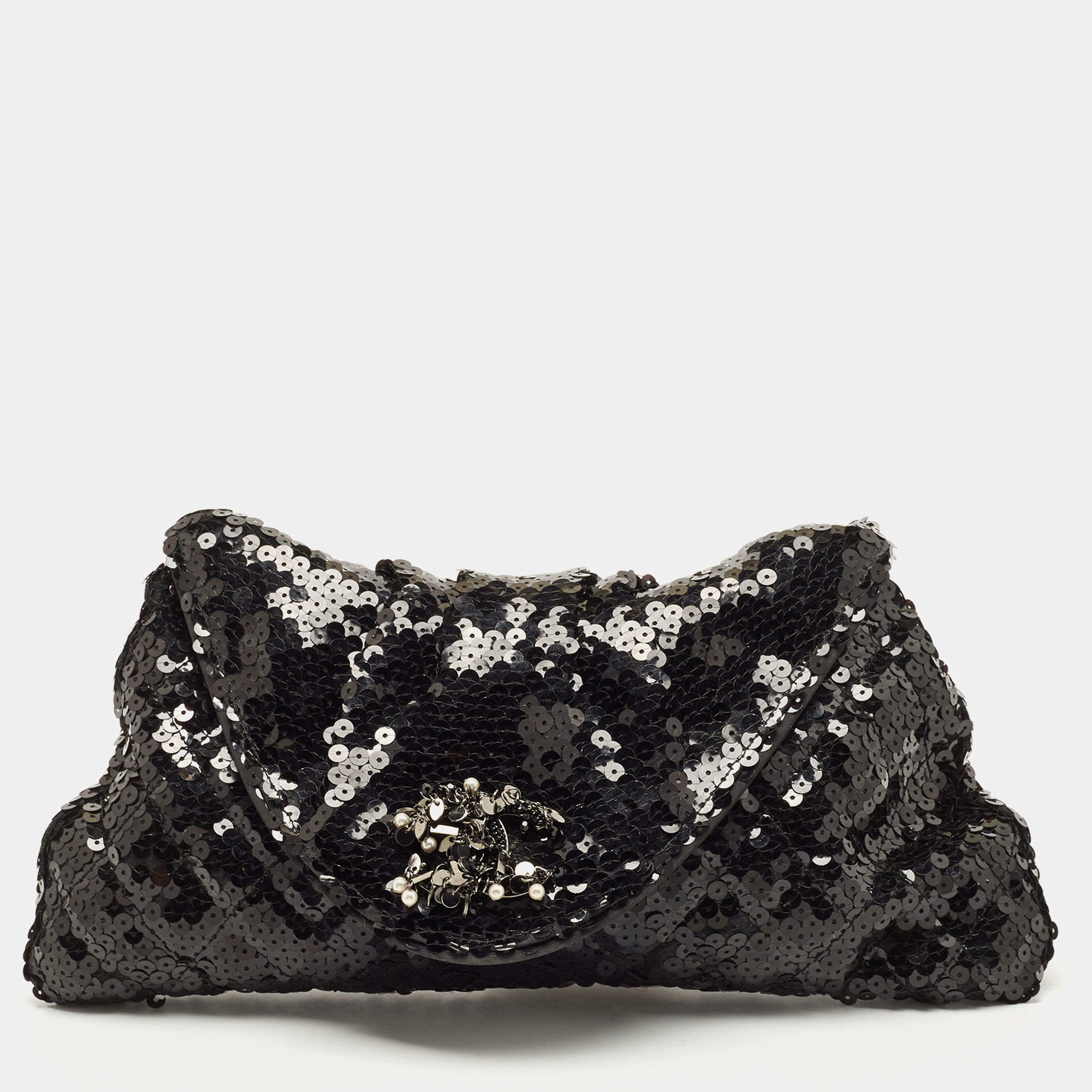Pre Owned Chanel Black Sequins CC Half Moon Clutch