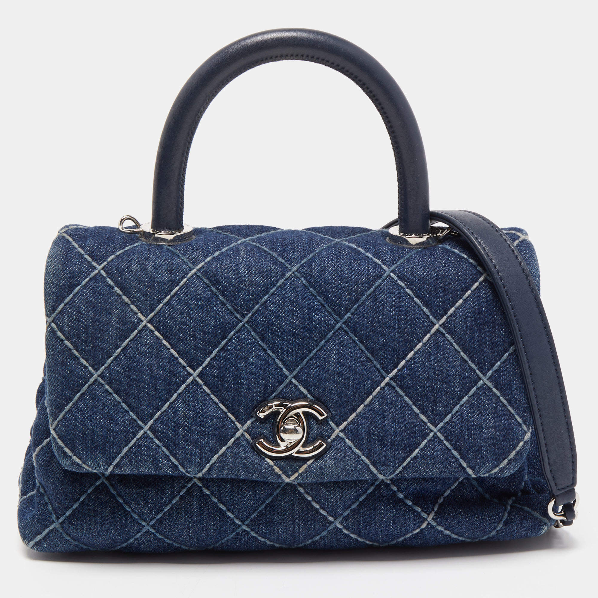 Pre Owned Chanel Blue Quilted Denim and Leather Mini Coco Top Handle Bag