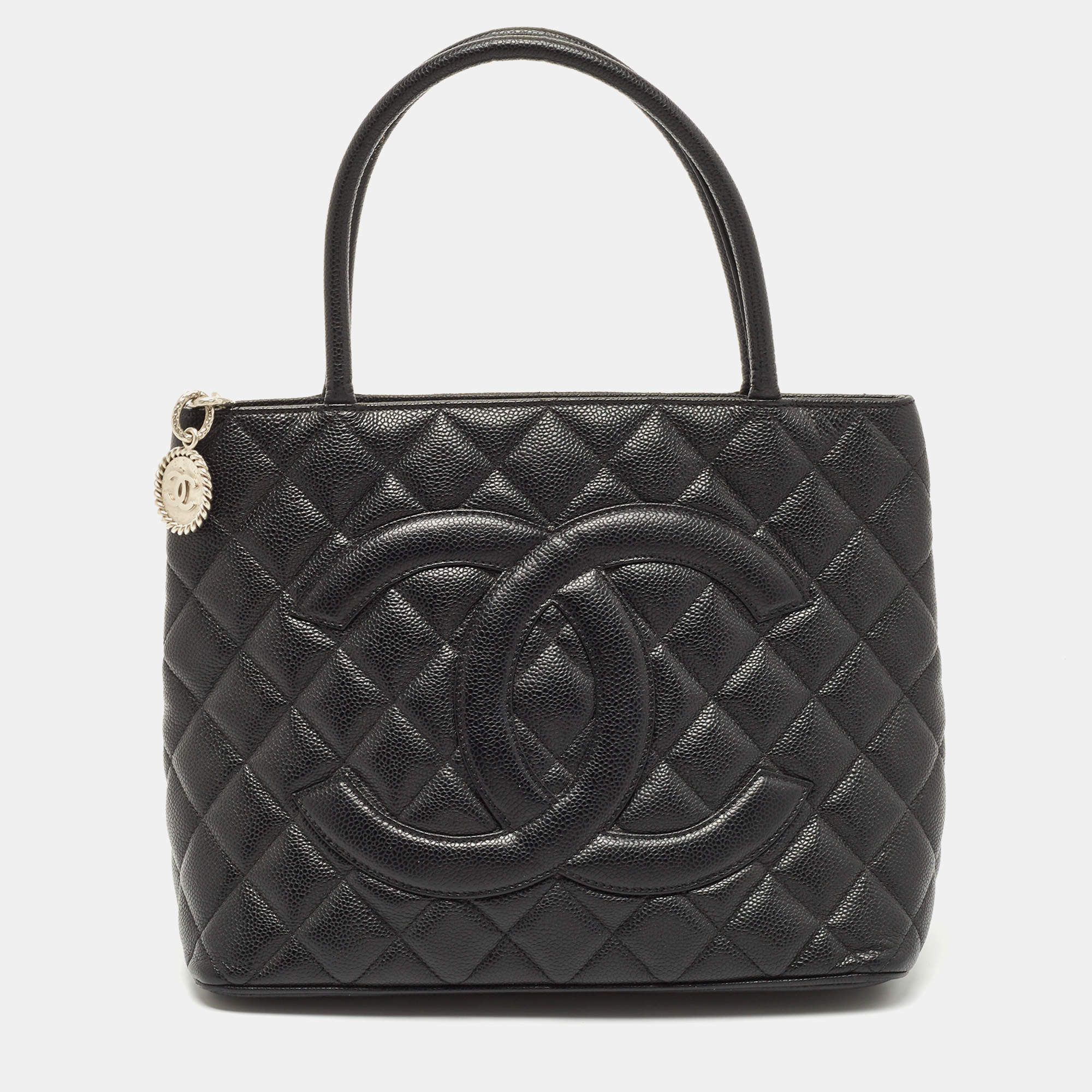 Pre Owned Chanel Black Quilted Caviar Leather Medallion Tote