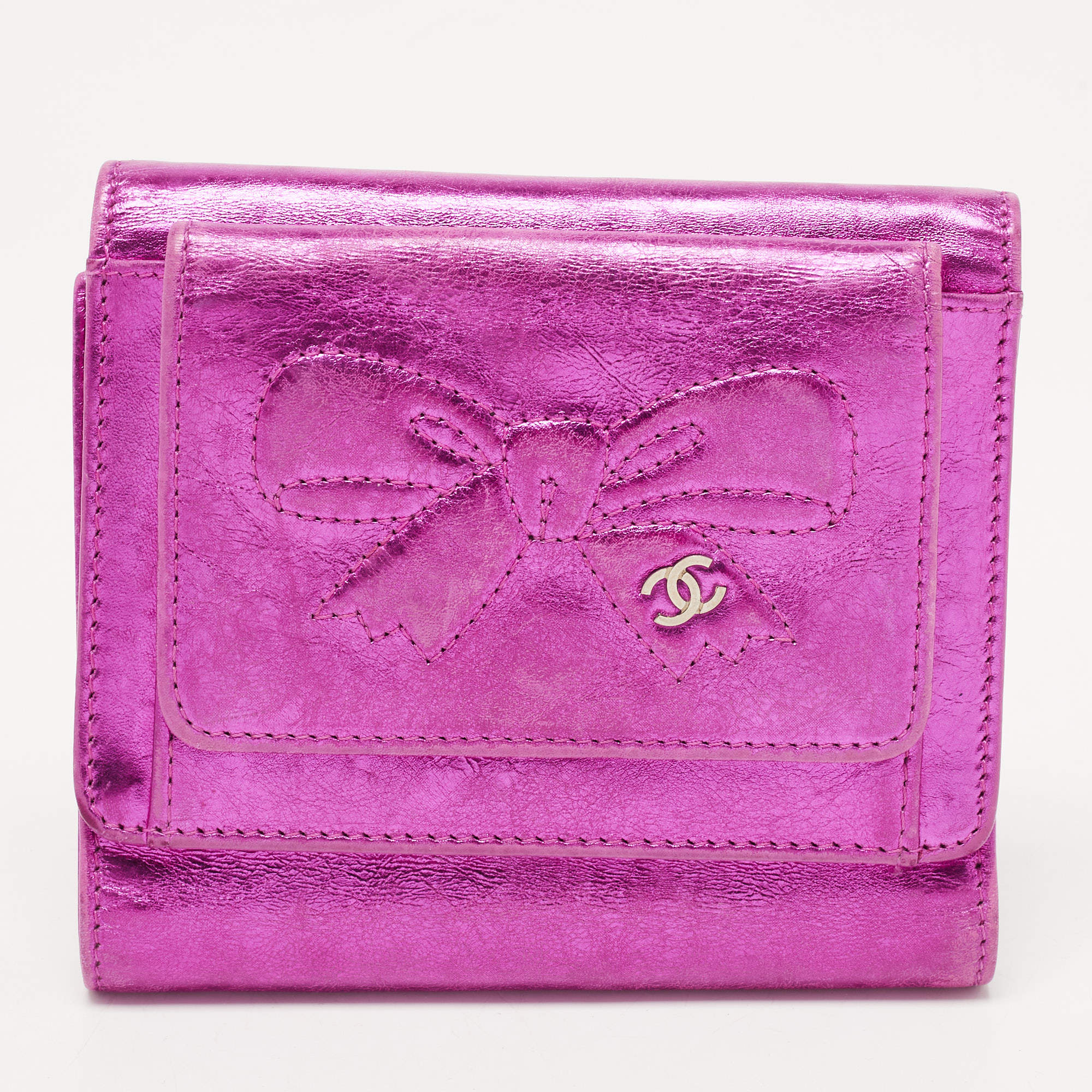 Chanel Metallic Pink Leather Ribbon Embossed Trifold Wallet
