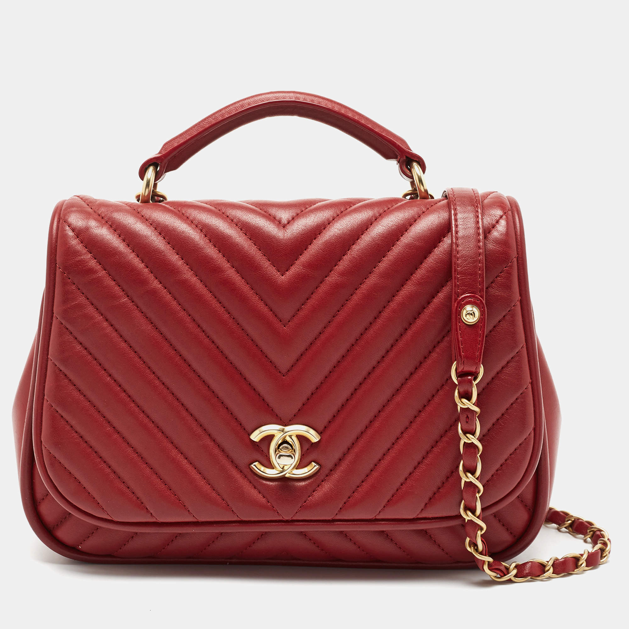 Pre Owned Chanel Red Chevron Leather CC Flap Top Handle Bag