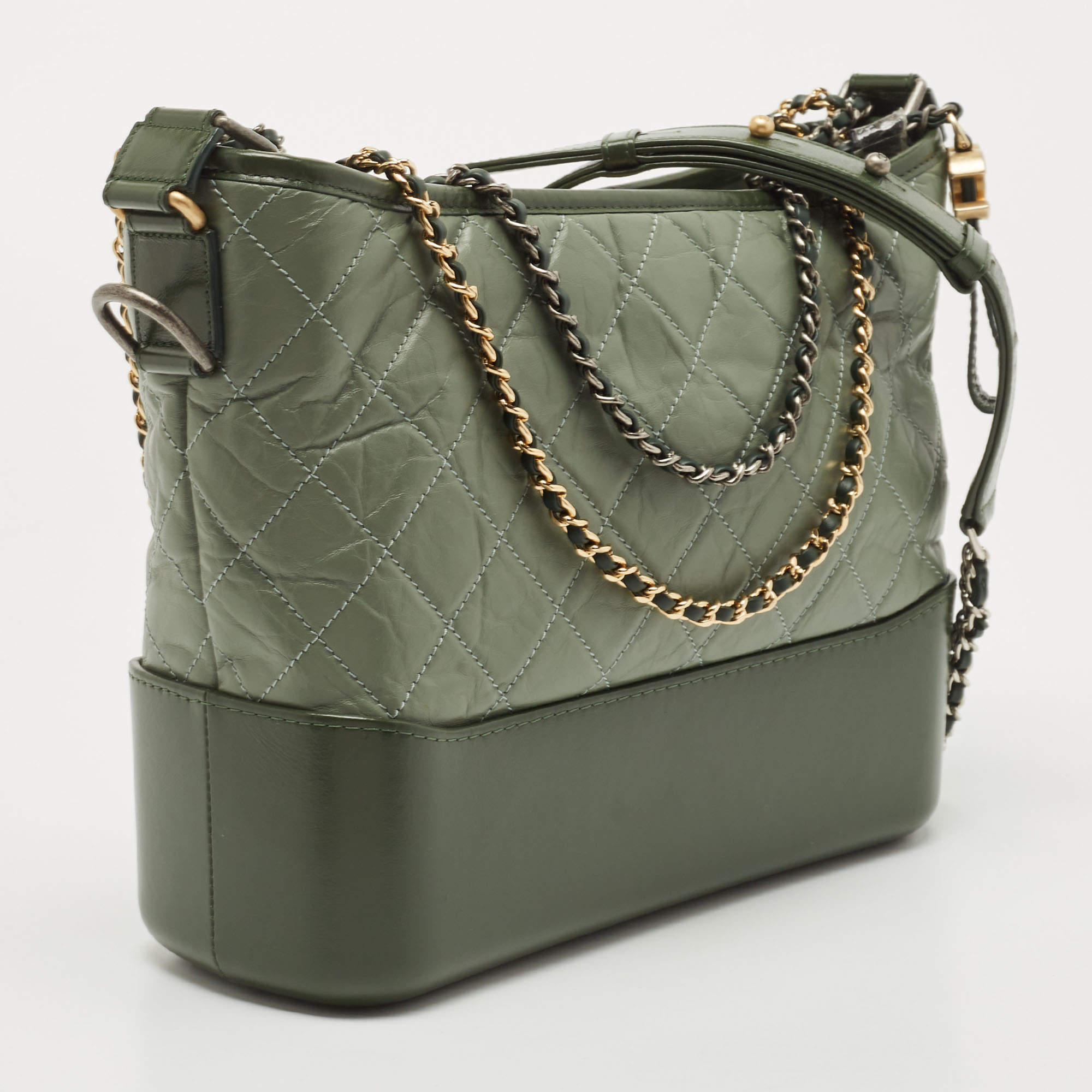 CHANEL Aged Calfskin Quilted Medium Gabrielle Hobo Dark Green 1268136