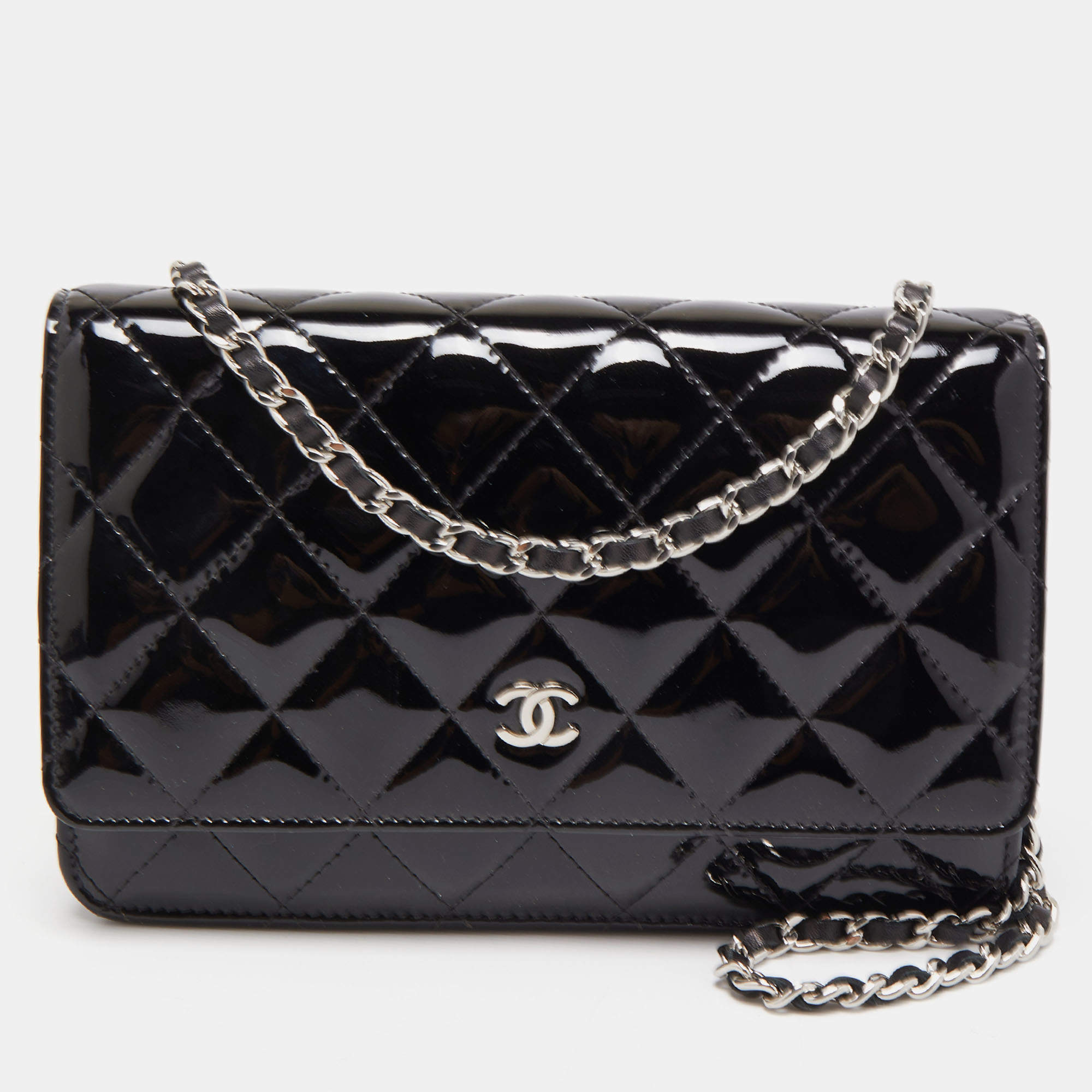 Chanel Black Quilted Patent Leather Classic Wallet on Chain