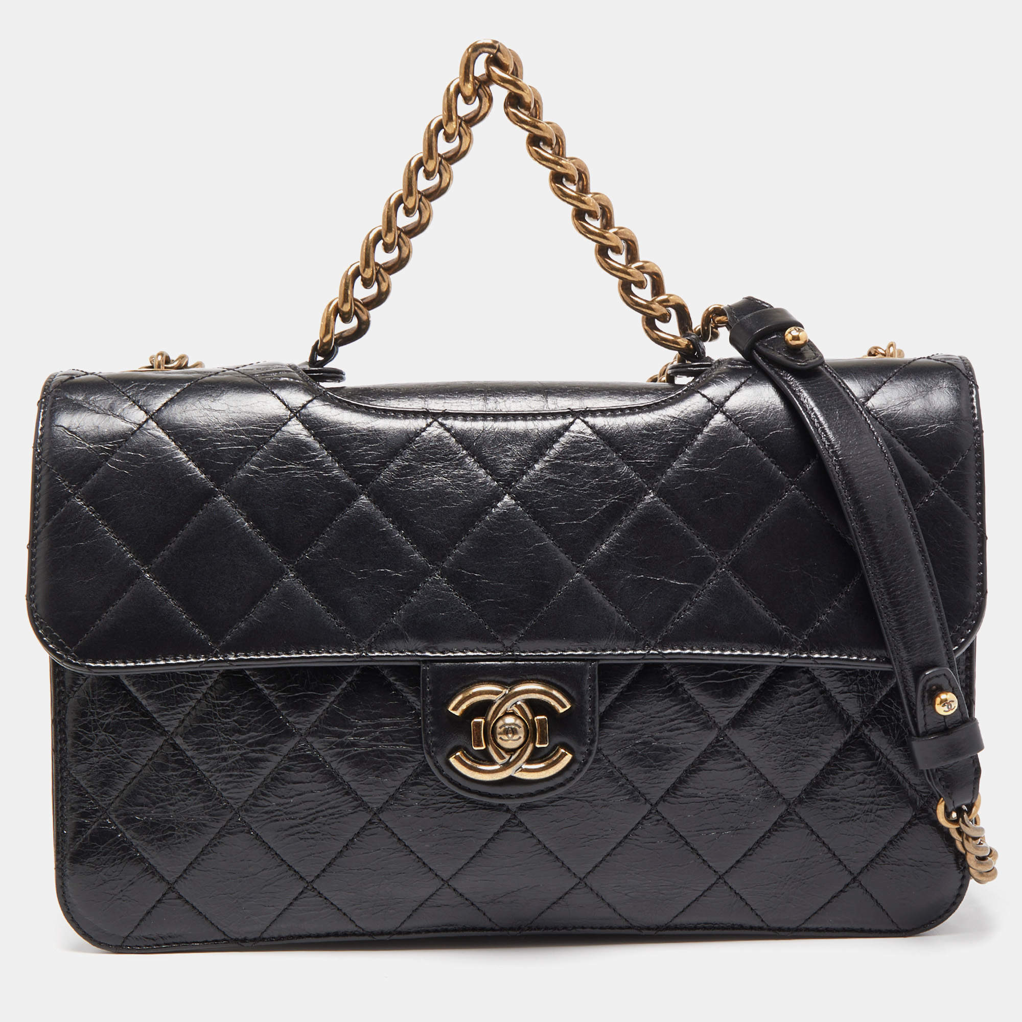 Pre Owned Chanel Black Quilted Aged Leather Large Perfect Edge Flap Bag