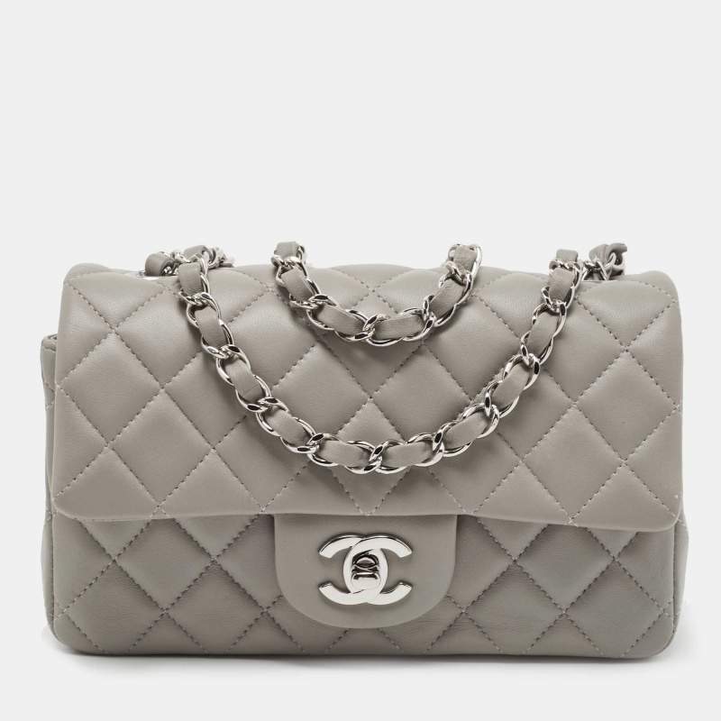 Pre Owned Chanel Grey Quilted Lambskin Leather New Mini Classic Flap Bag