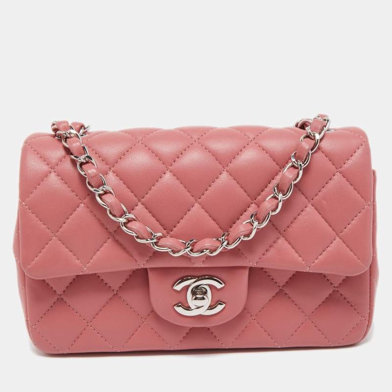 Pre Owned Chanel Pink Quilted Lambskin Leather New Mini Classic Flap Bag
