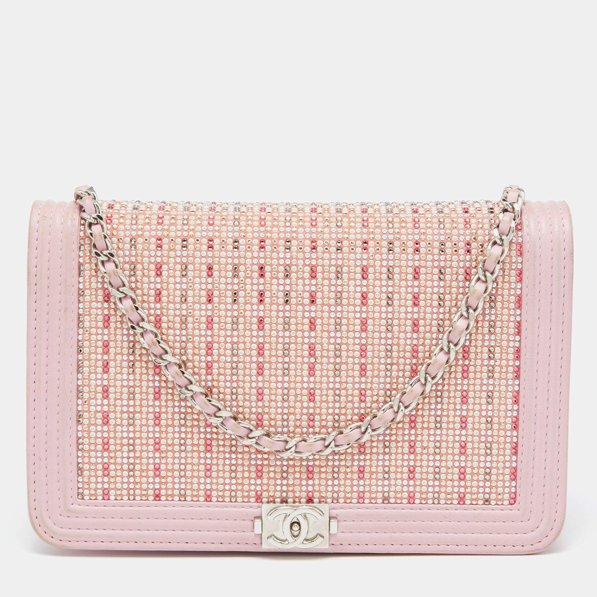 Pre Owned Chanel Light Pink Leather Crystals Embellished Boy Wallet On Chain