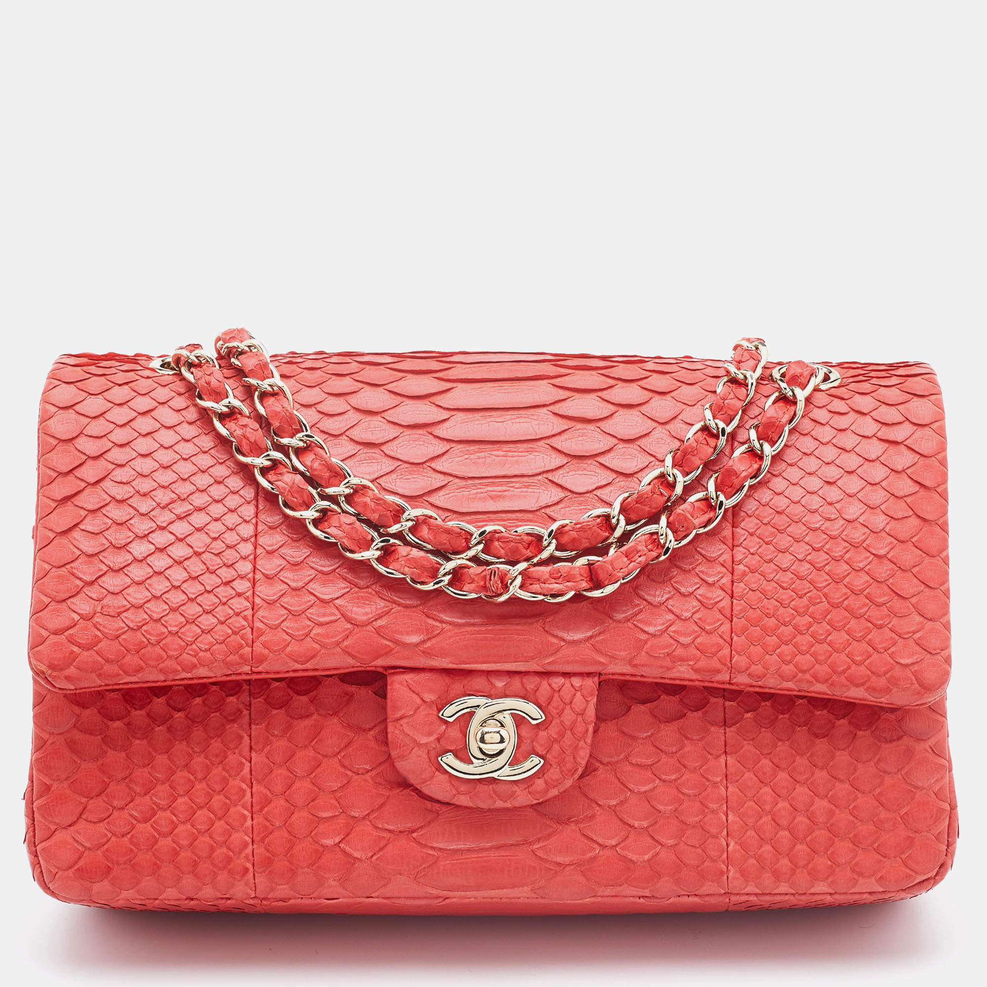 Pre Owned Chanel Red Python Medium Classic Double Flap Bag