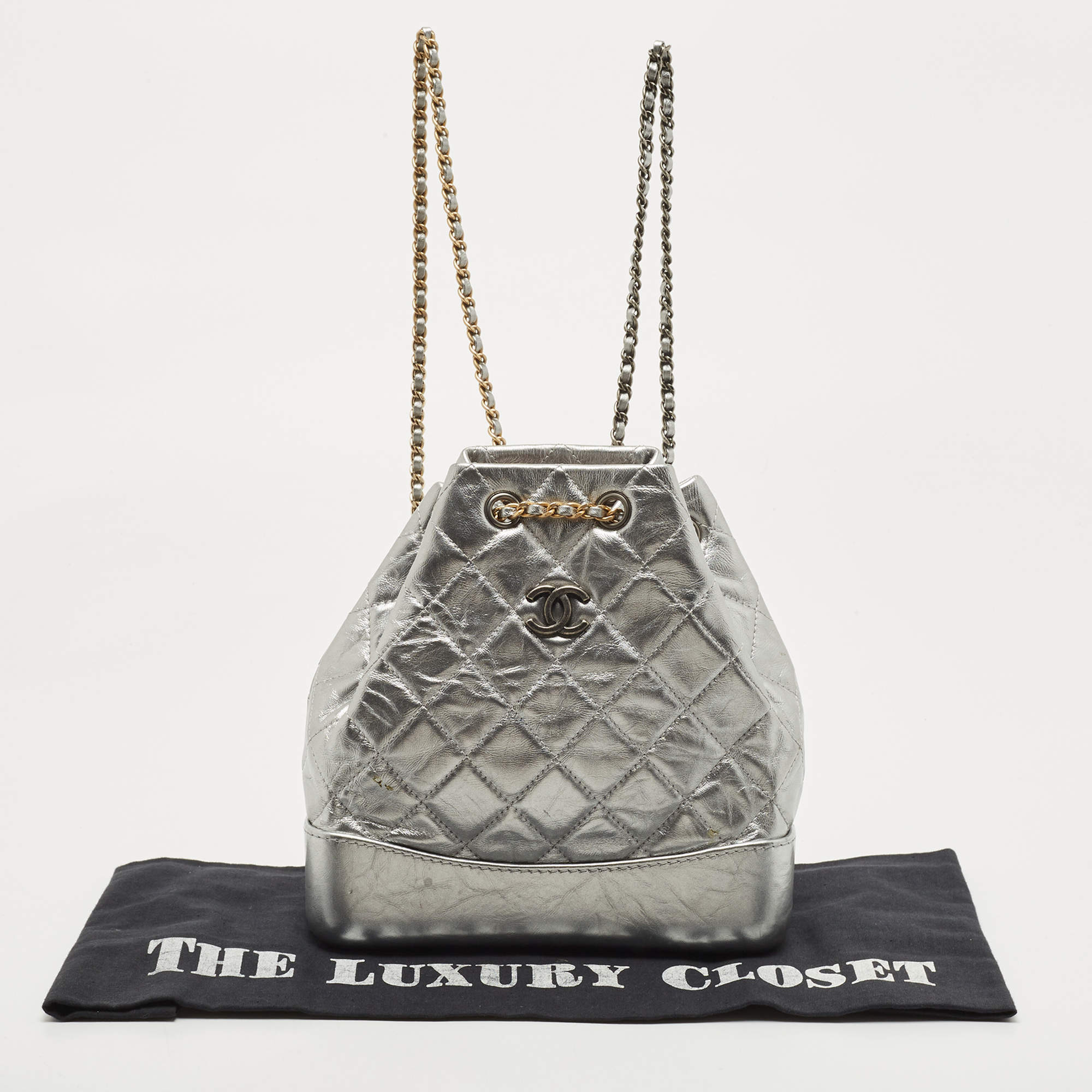 Chanel Gabrielle Backpack Quilted Aged Calfskin Small Silver 1439761