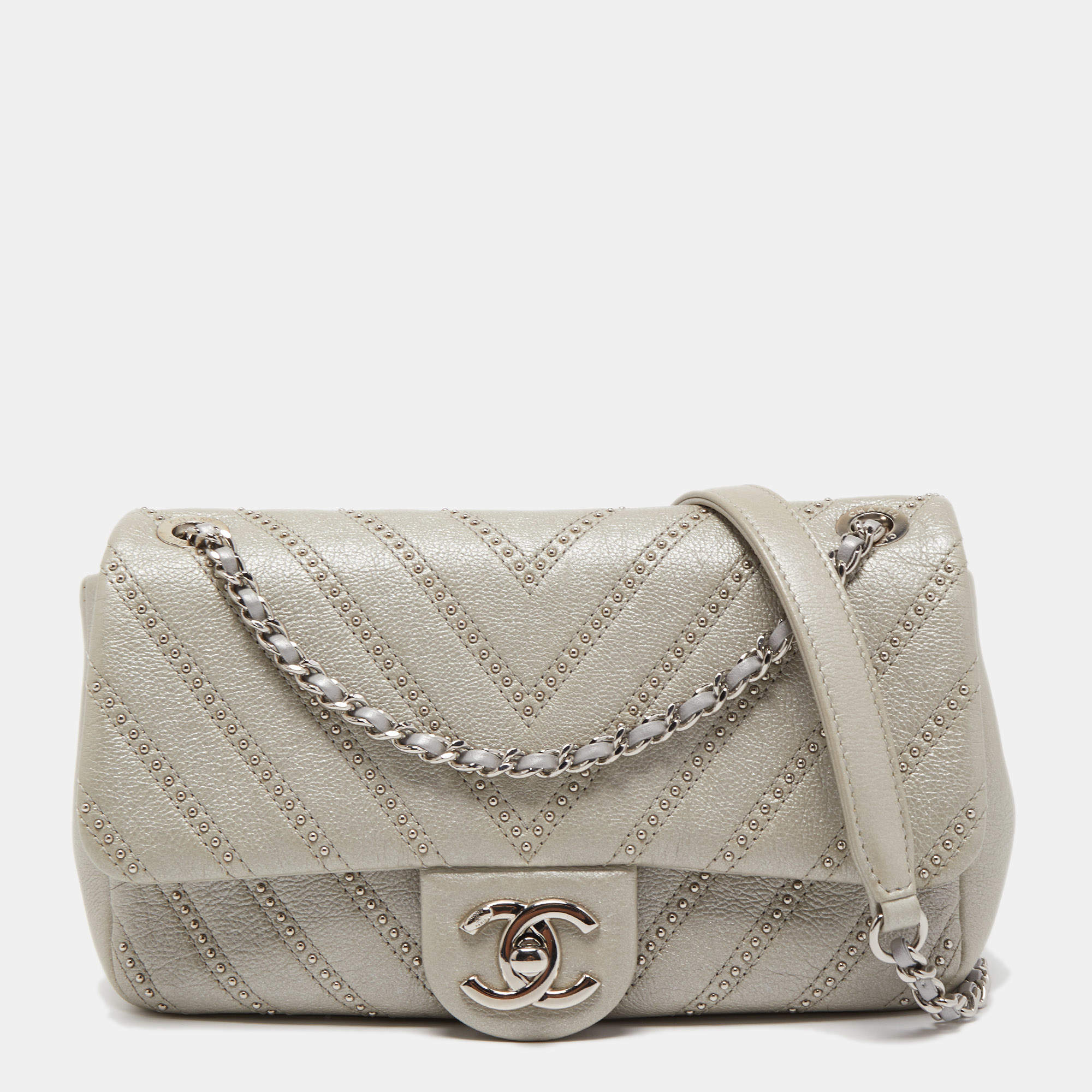 Chanel Metallic Grey Chevron Leather Studded Small Classic Flap Bag