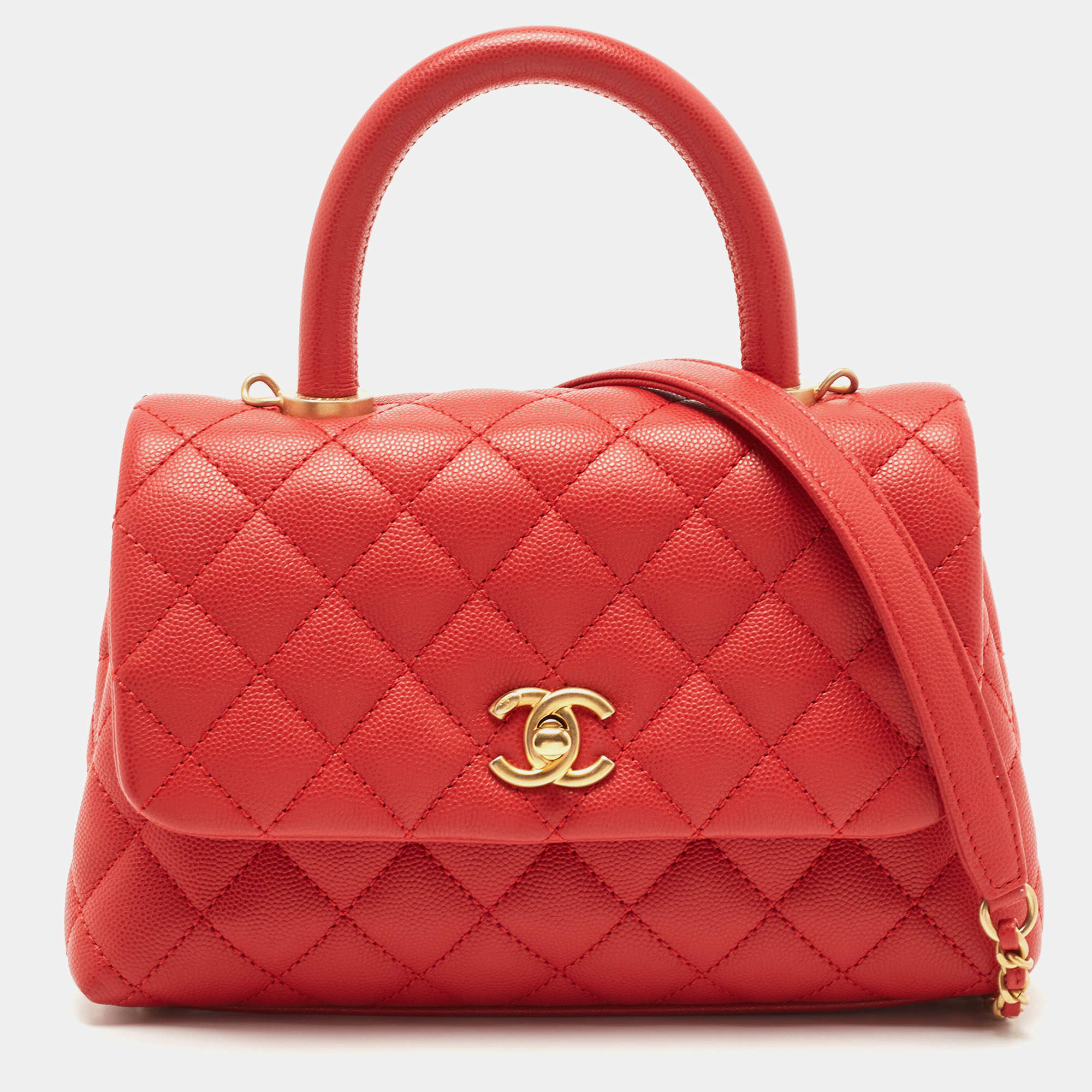 Pre Owned Chanel Red Quilted Caviar Leather Mini Coco Top Handle Bag