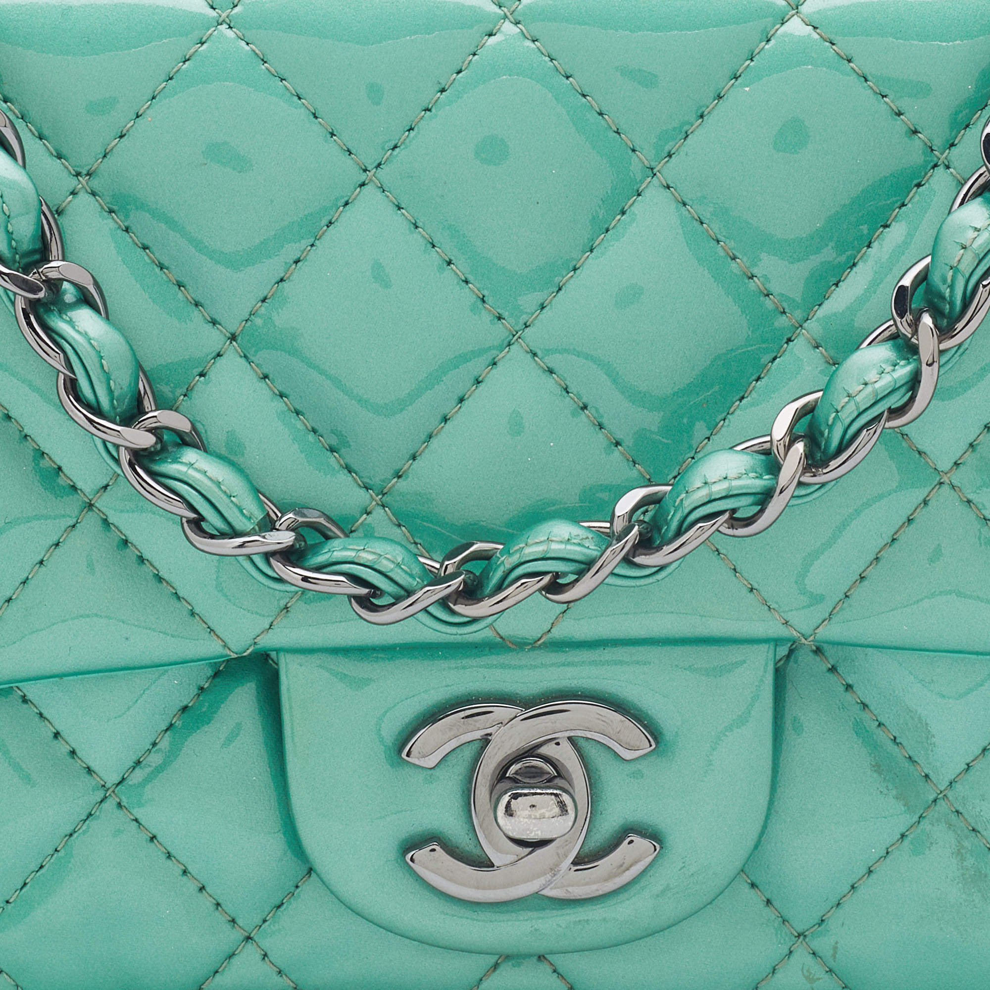 Chanel Light Green Quilted Patent Leather Mini Square Classic Single Flap  Chanel | Tlc