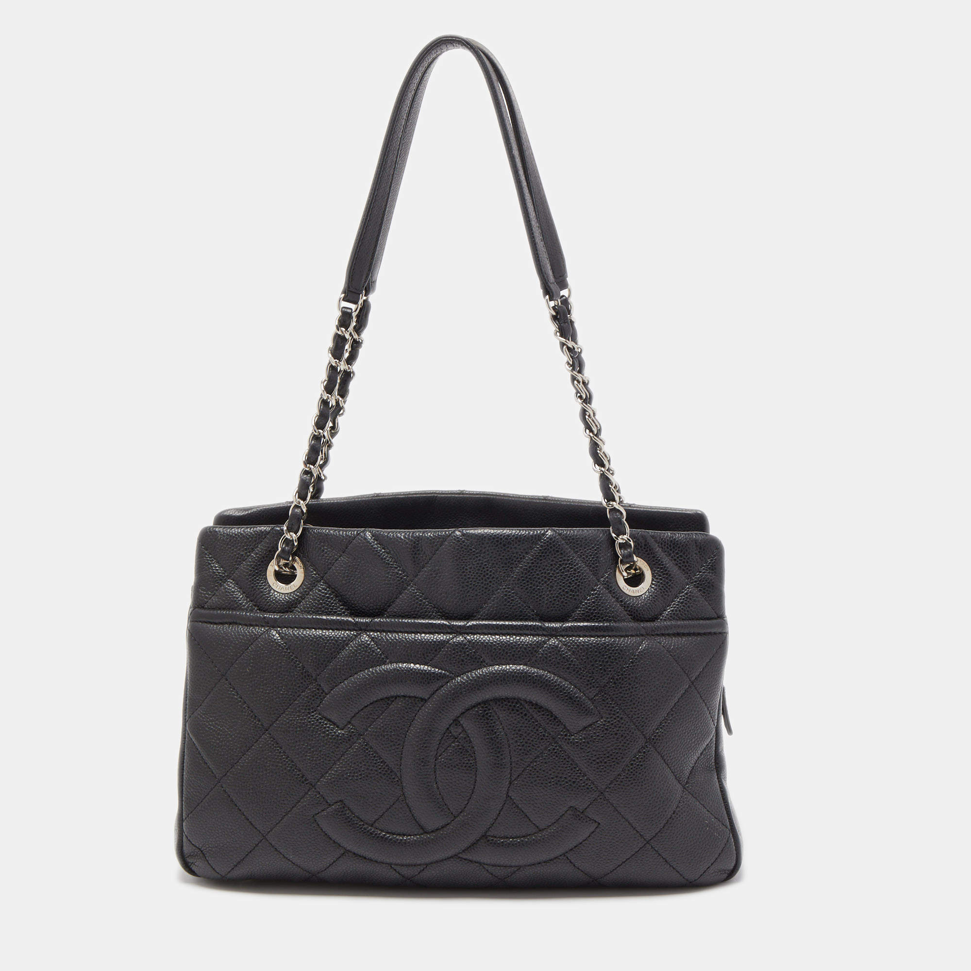 Pre Owned Chanel Black Quilted Caviar Soft Leather Medium Timeless Shopping Tote