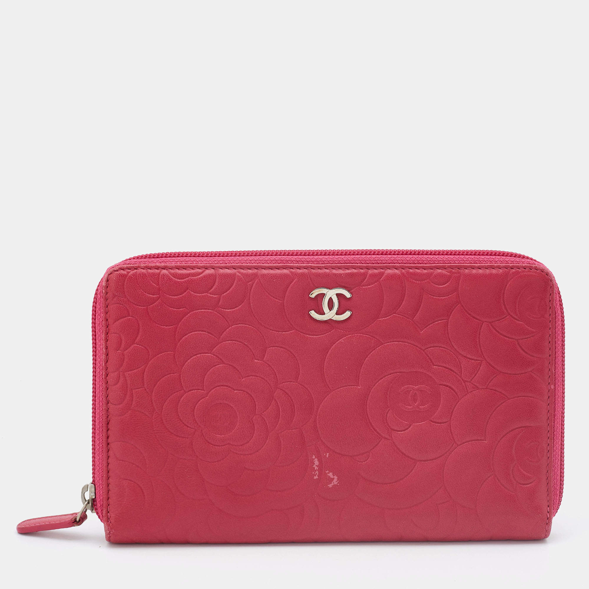Chanel Pink Leather CC Camellia Zip Around Wallet Organizer 
