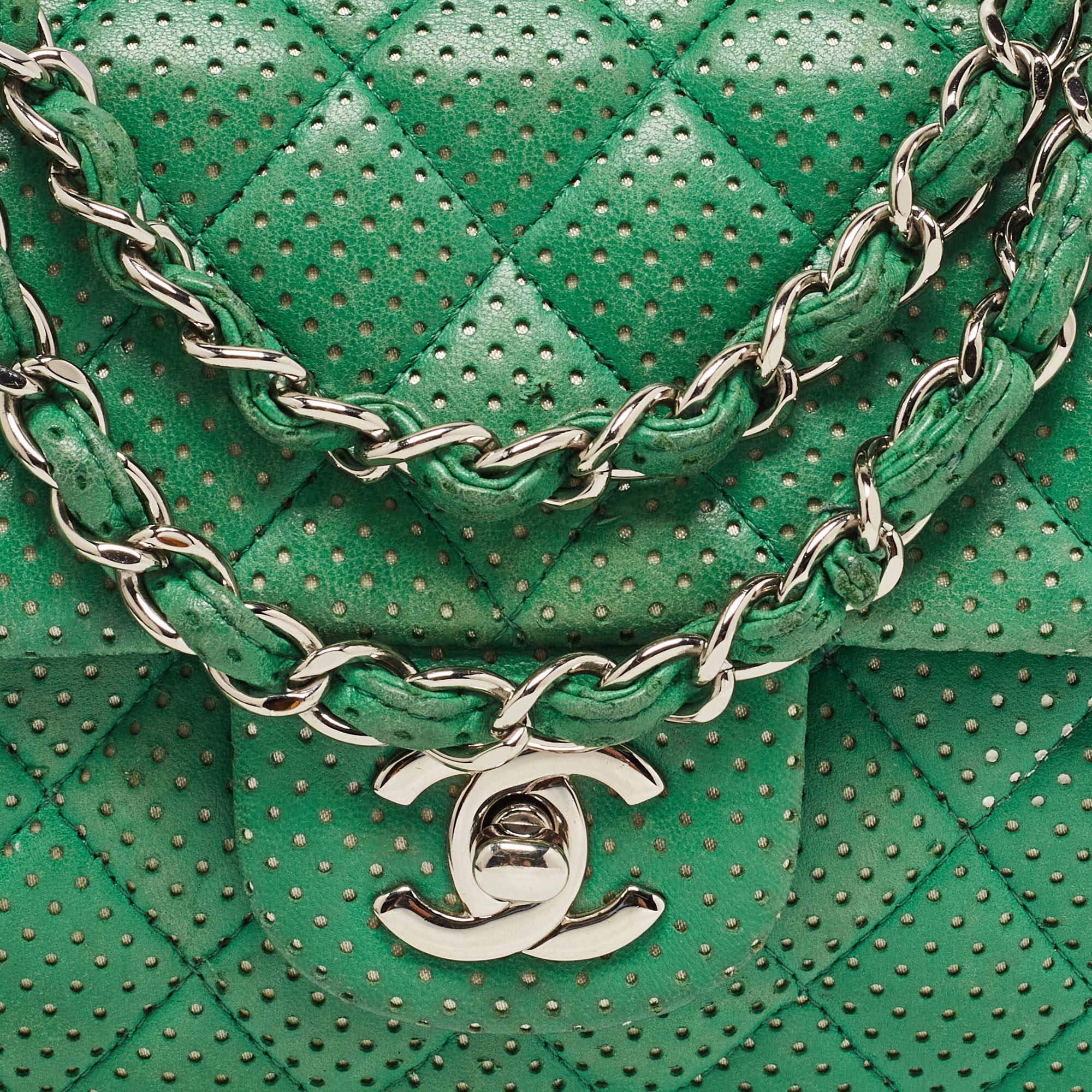 Chanel Green Quilted Perforated Leather East/West Classic Flap Bag Chanel