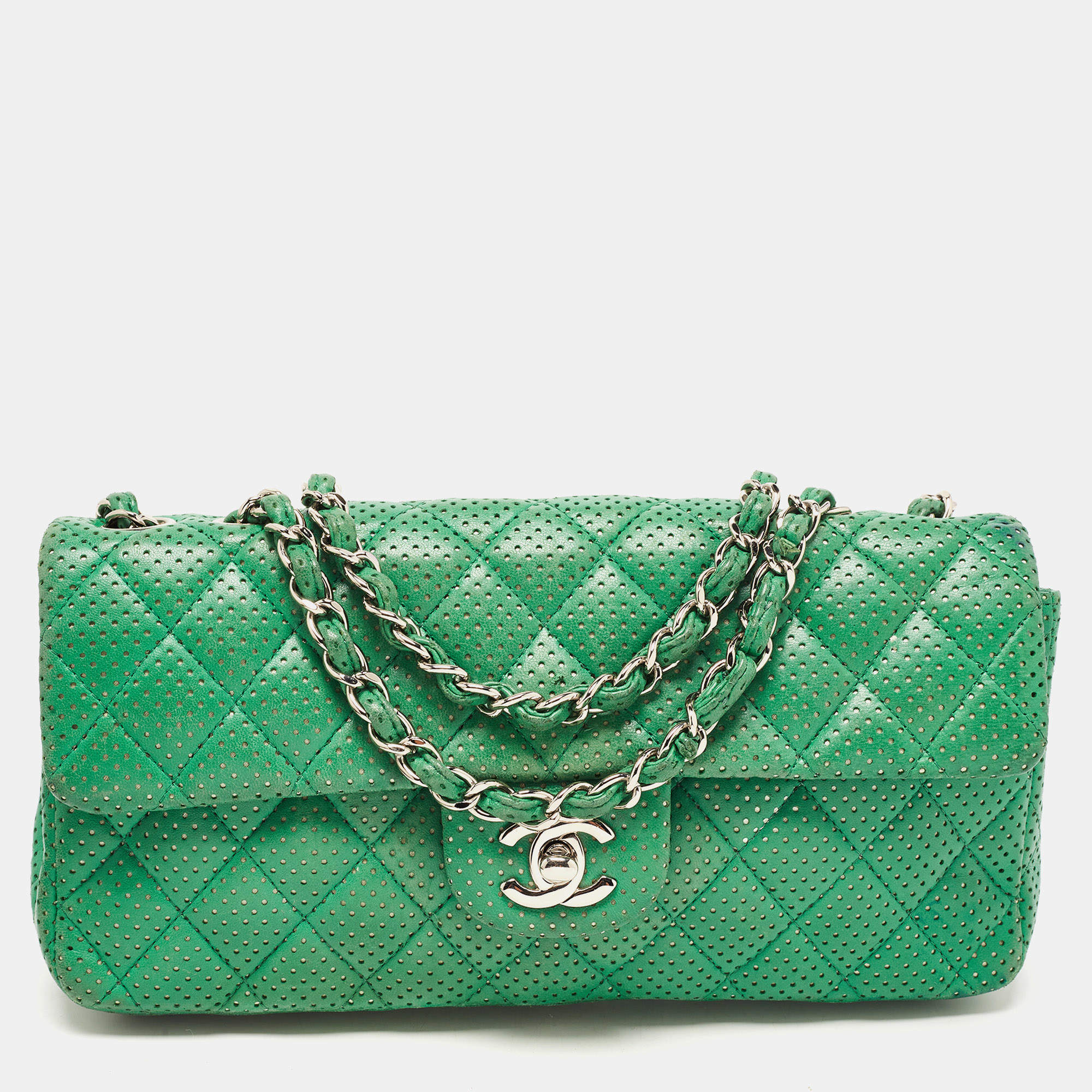 Chanel Green Quilted Perforated Leather East/West Classic Flap Bag