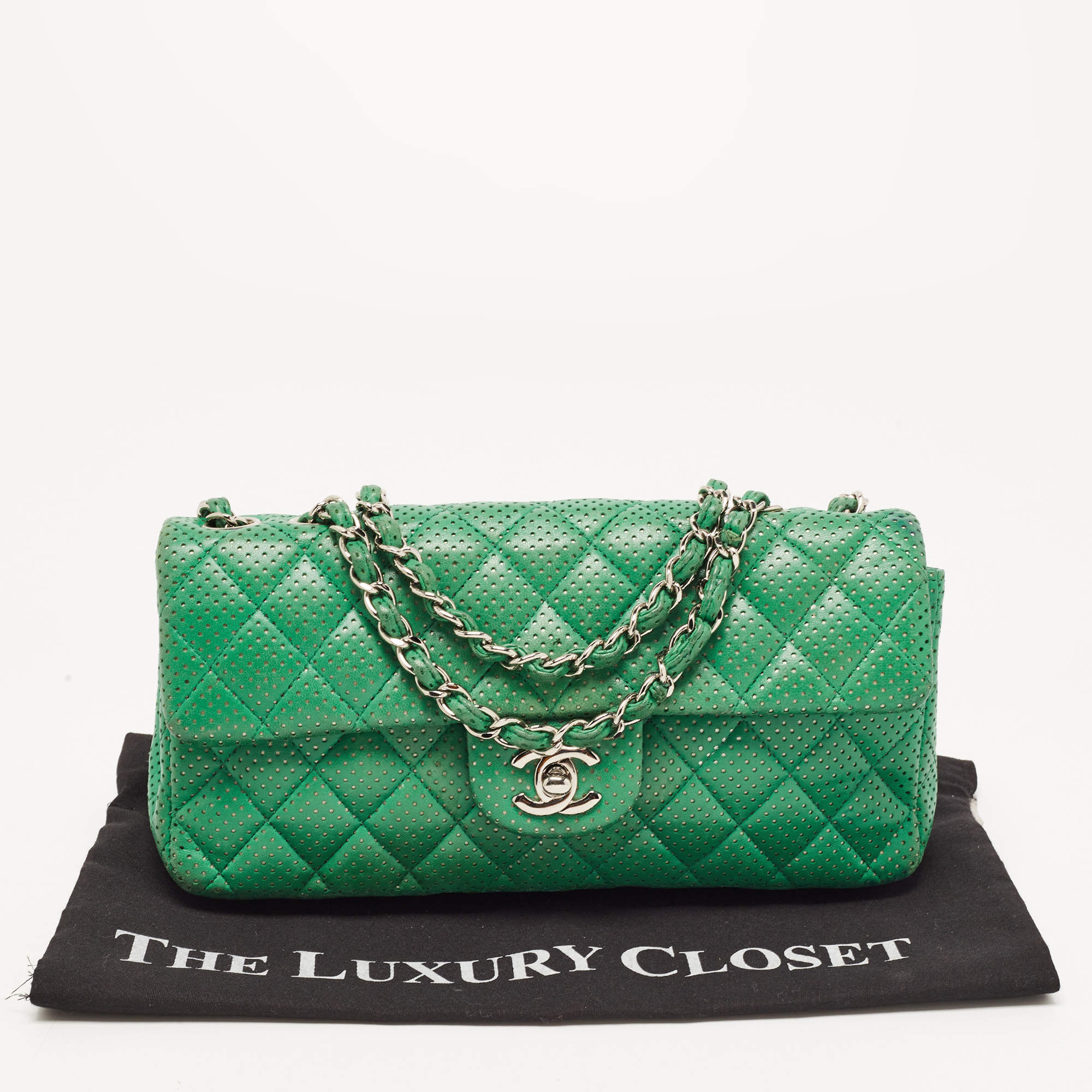 Chanel Green Quilted Perforated Leather East/West Classic Flap Bag Chanel