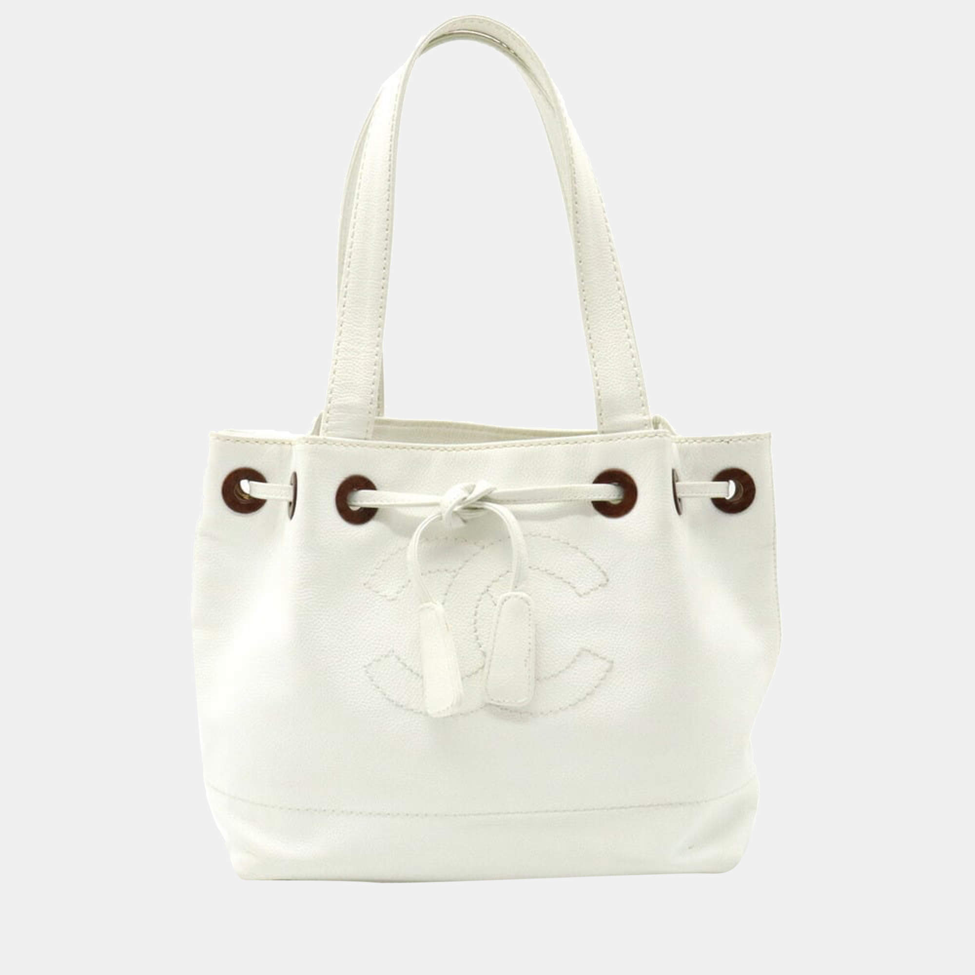Chanel White Leather CC Drawstring Bucket Bag Chanel
