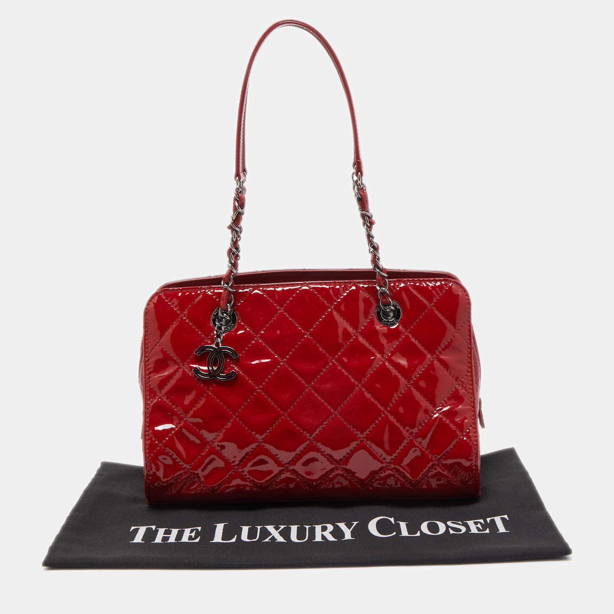 Chanel Red Quilted Patent Leather Timeless Tote