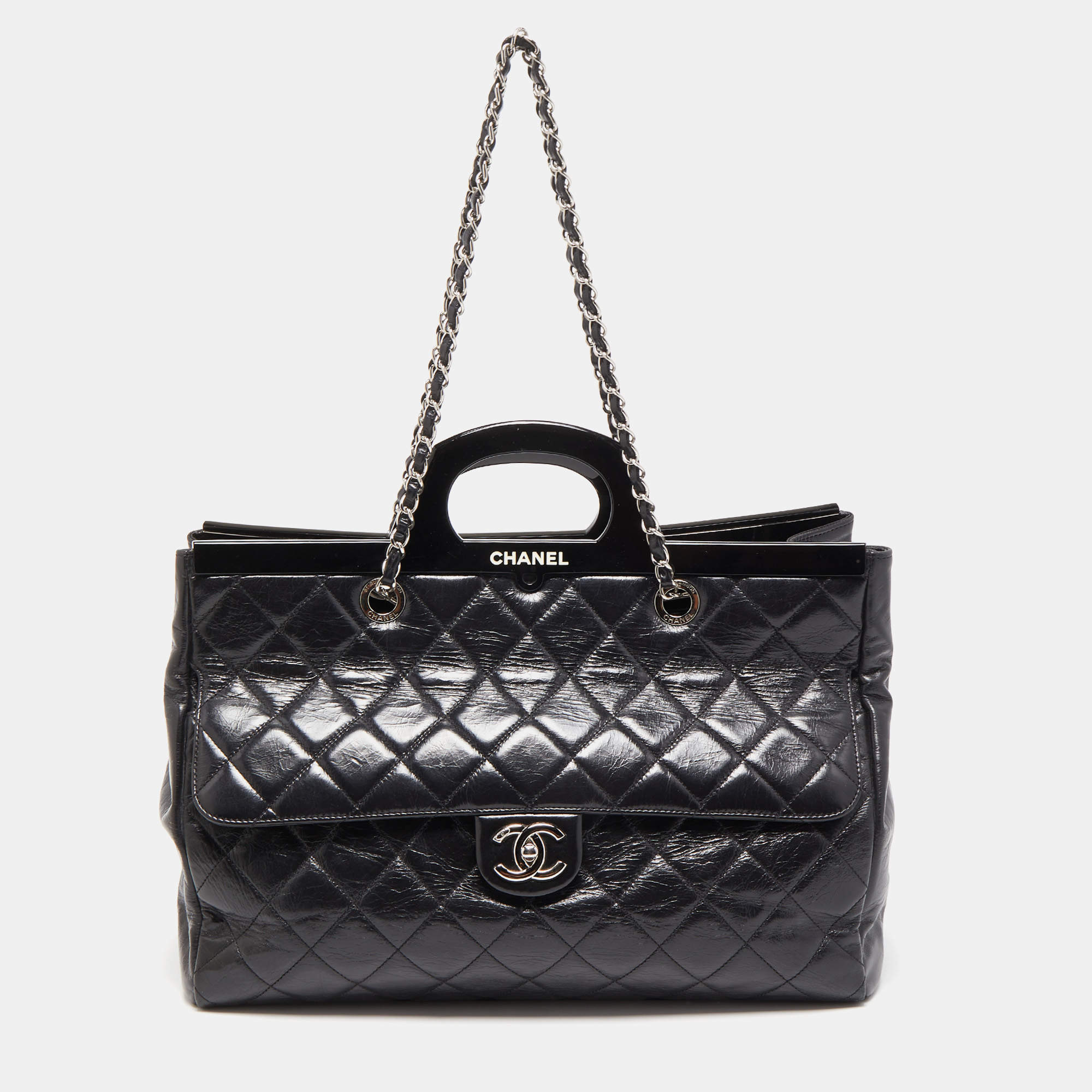 Pre Owned Chanel Black Quilted Glazed Leather Large CC Delivery Tote