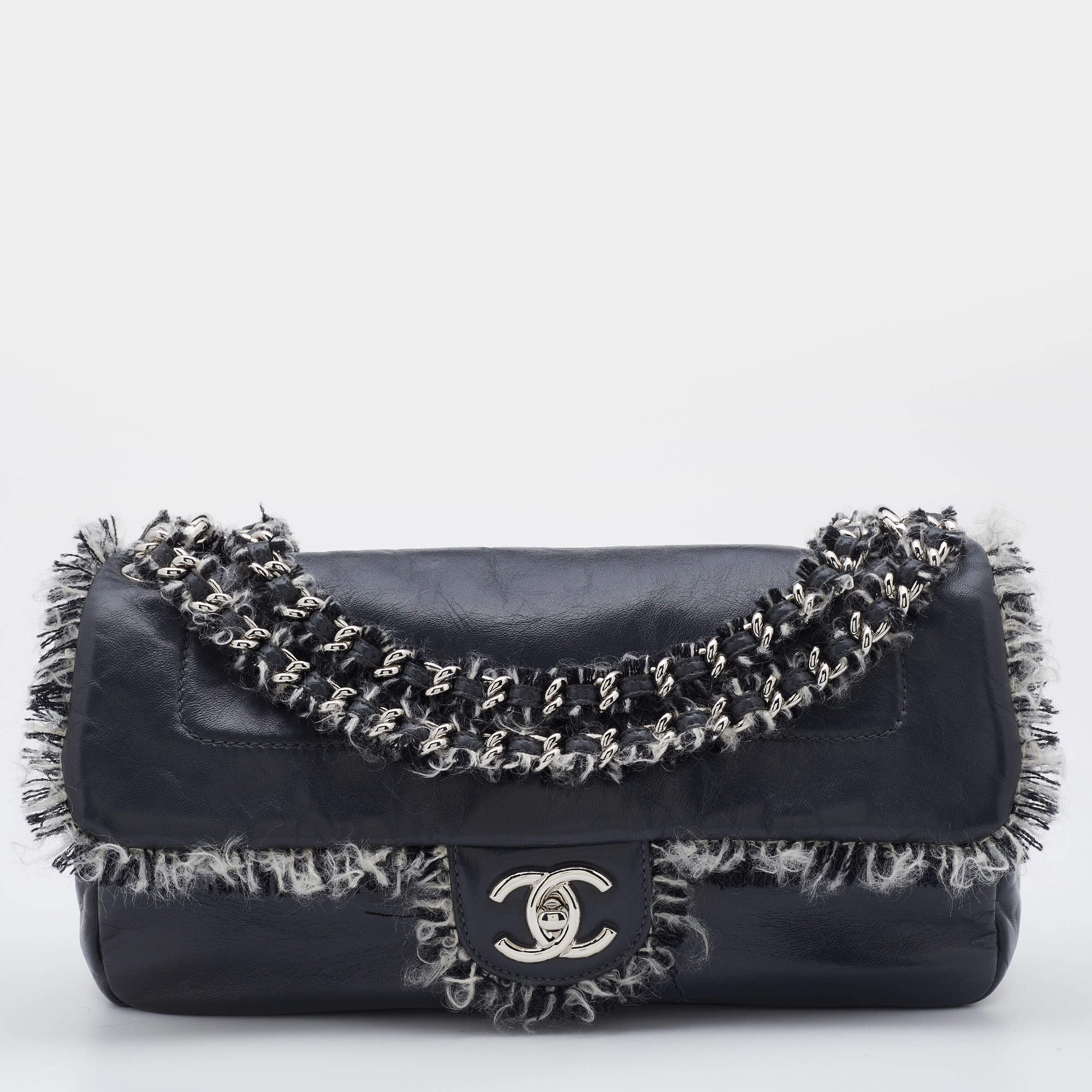 Chanel Grey Leather Funny Tweed Flap Shoulder Bag Chanel