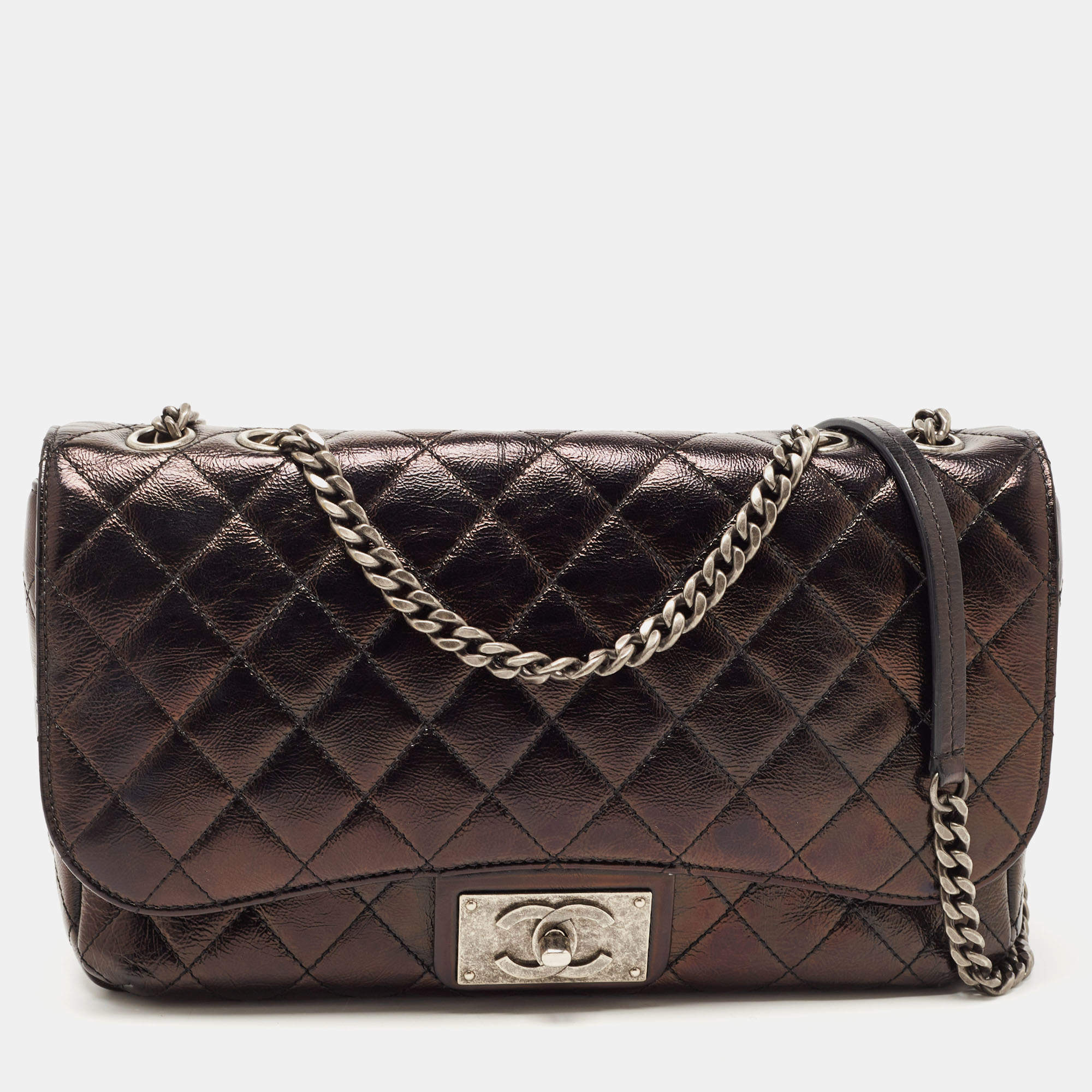 Pre Owned Chanel Black Quilted Glazed Leather CC Metal Plate Flap Bag