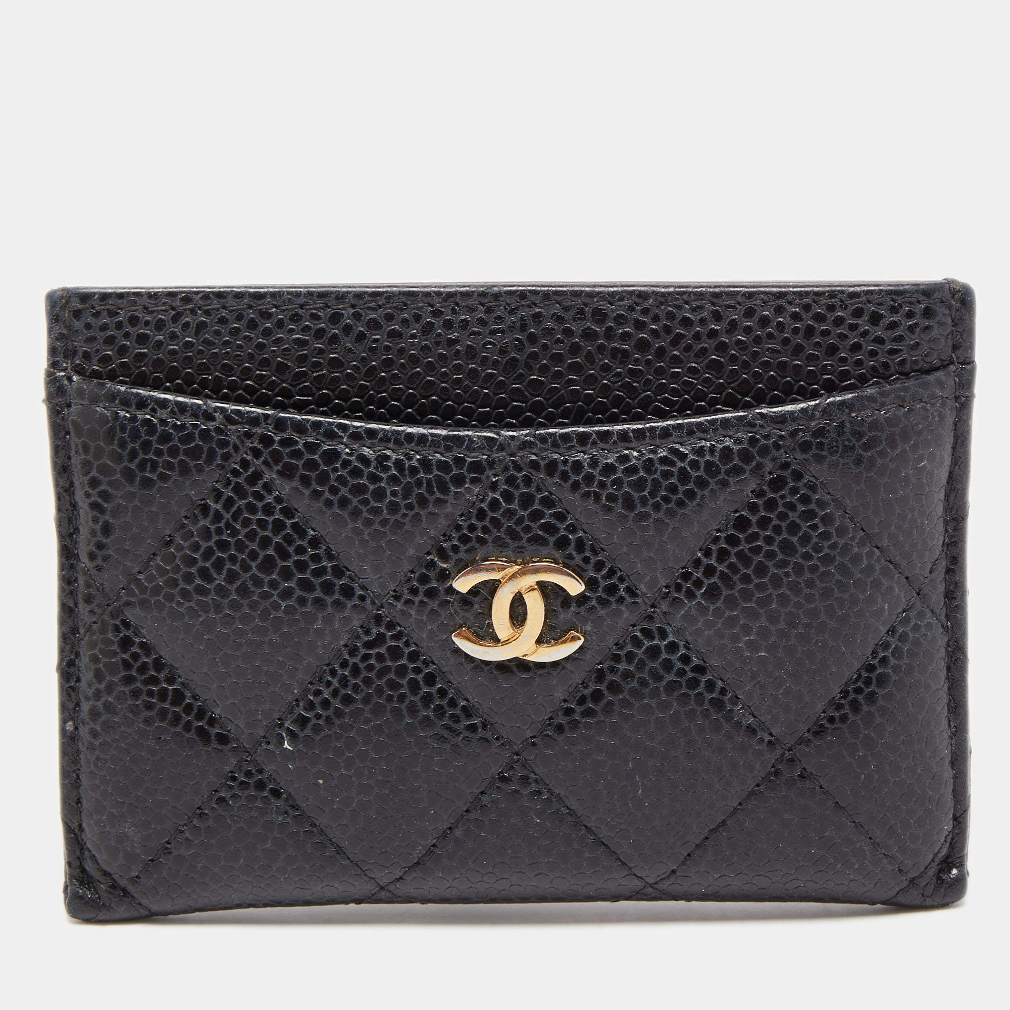 Pre Owned Chanel Black Quilted Caviar Leather CC Card Holder