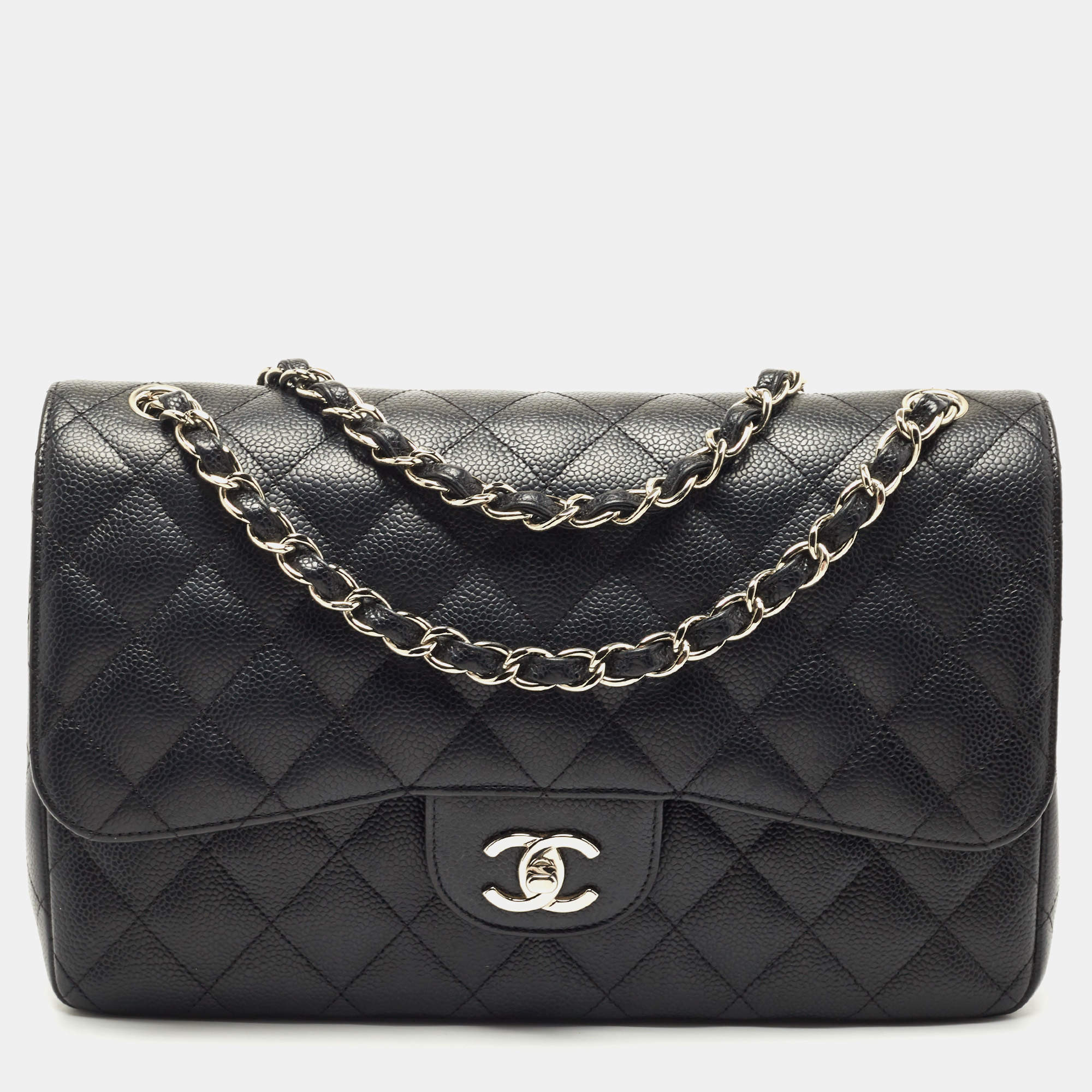 Chanel Black Quilted Caviar Leather Jumbo Classic Double Flap Bag Chanel