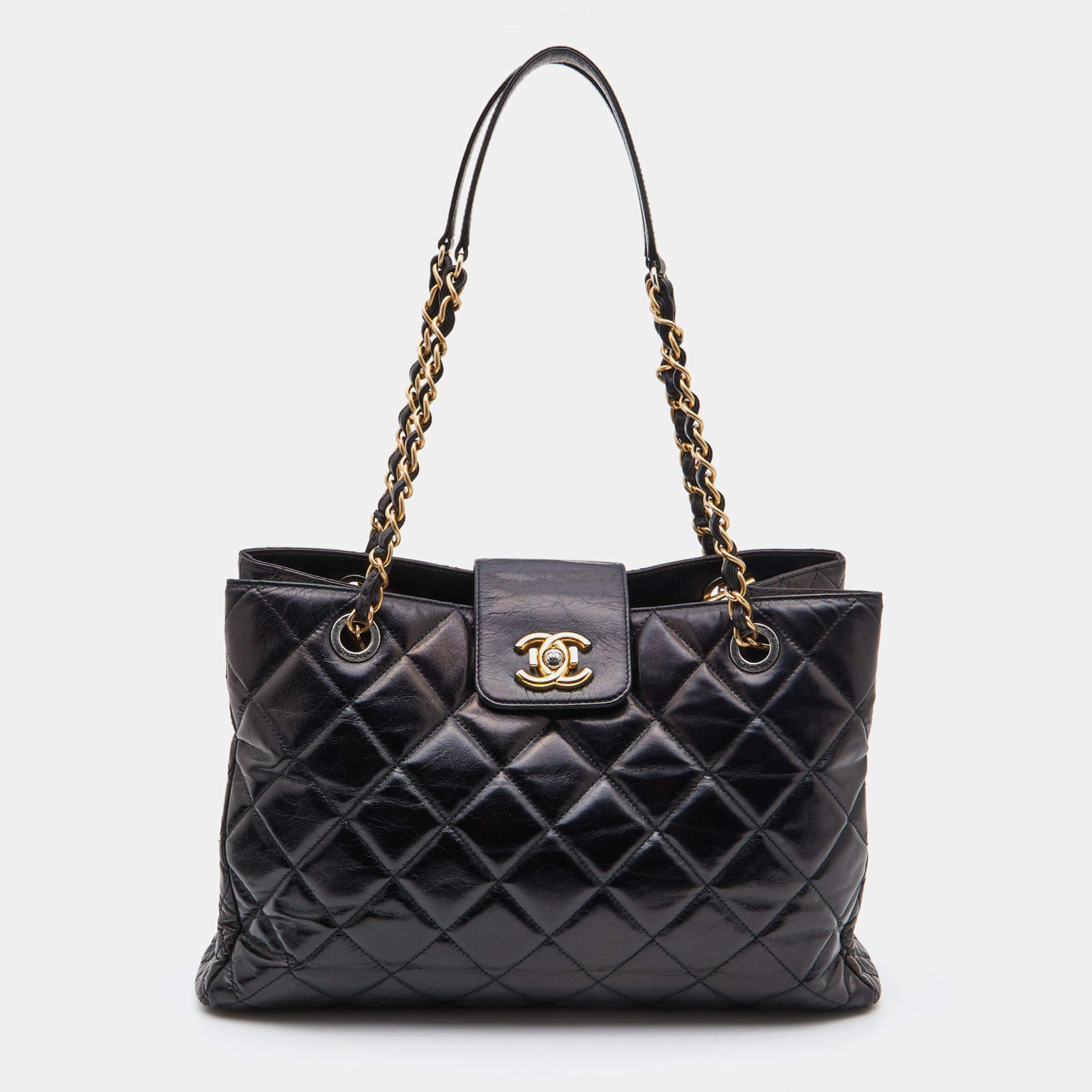 Chanel Black Quilted Aged Leather CC Chain Tote