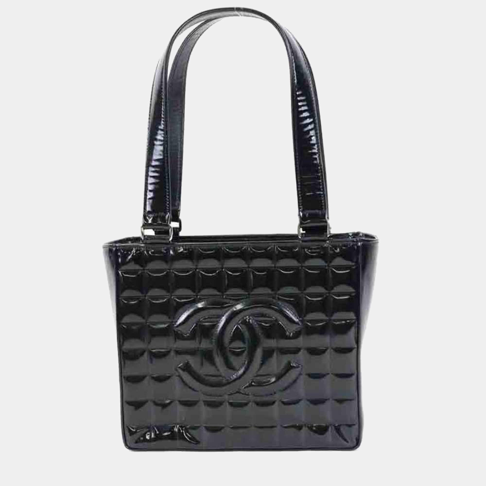 Pre Owned Chanel Black Patent Leather Small Chocolate Bar Tote Bag