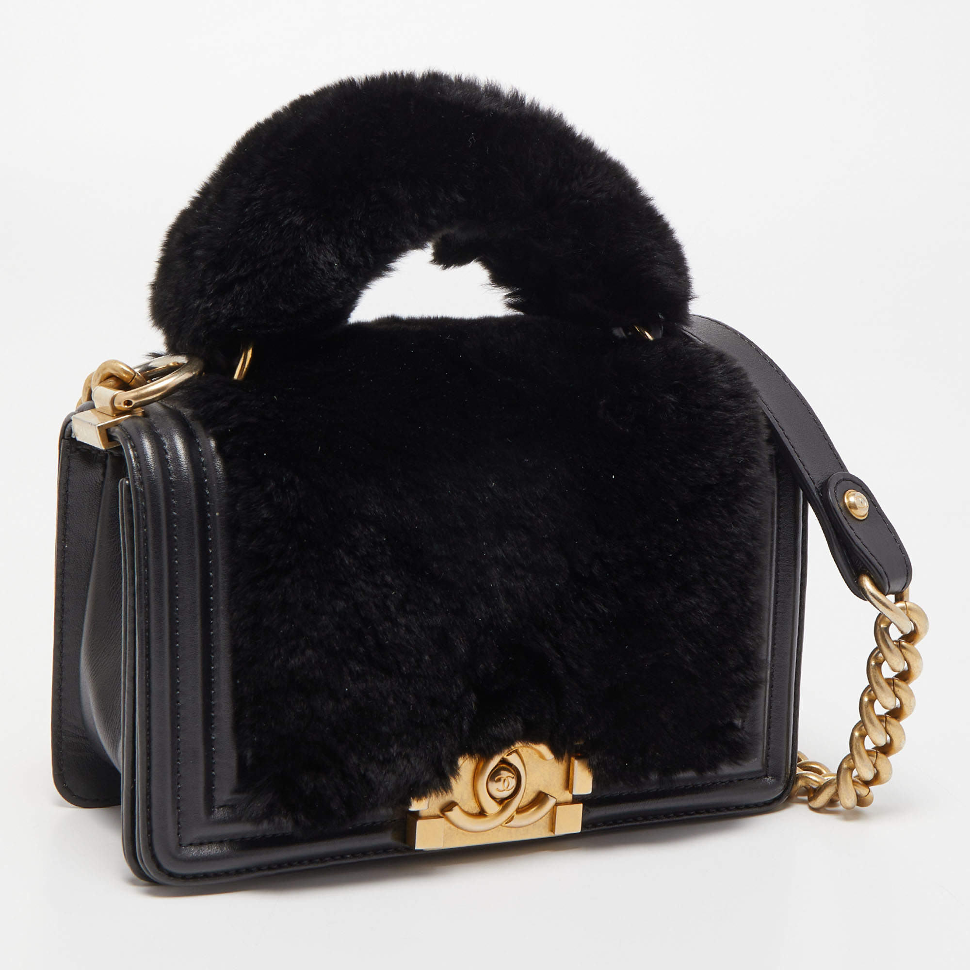 Chanel Black Leather and Rabbit Fur Small Boy Flap Bag Chanel