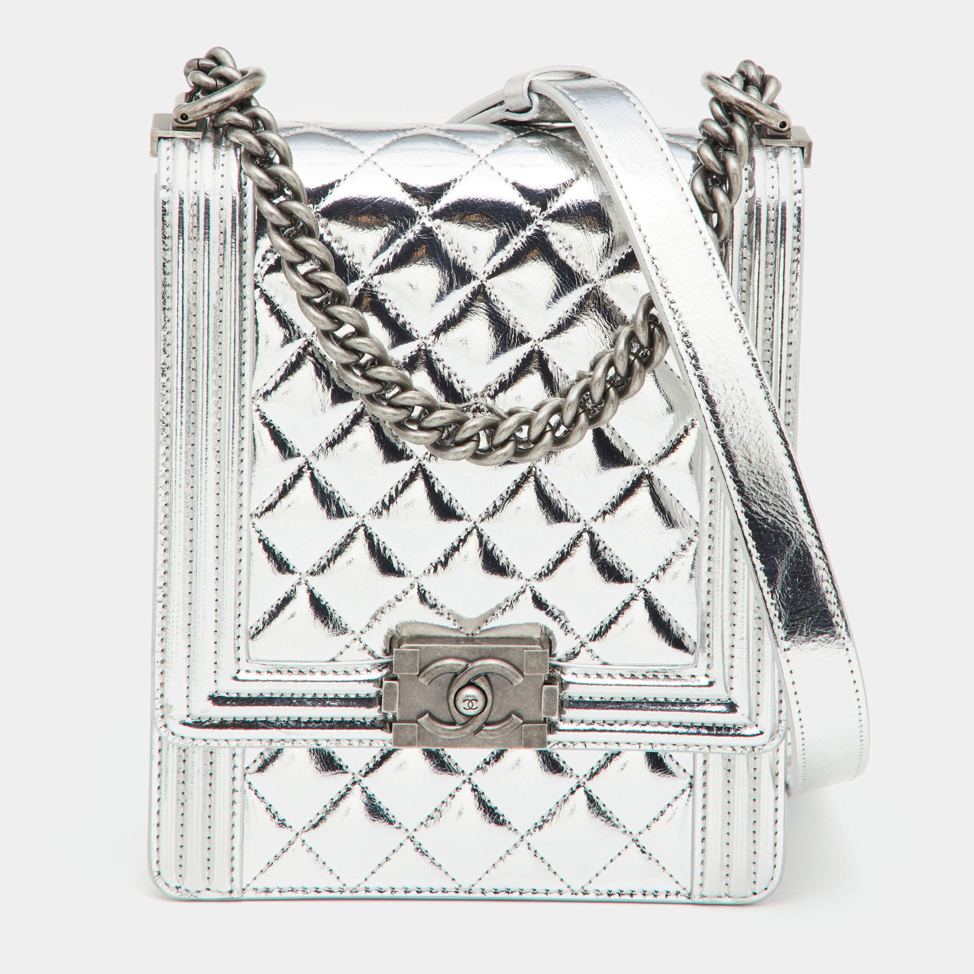 Chanel Silver Quilted Leather North South Boy Flap Bag Chanel