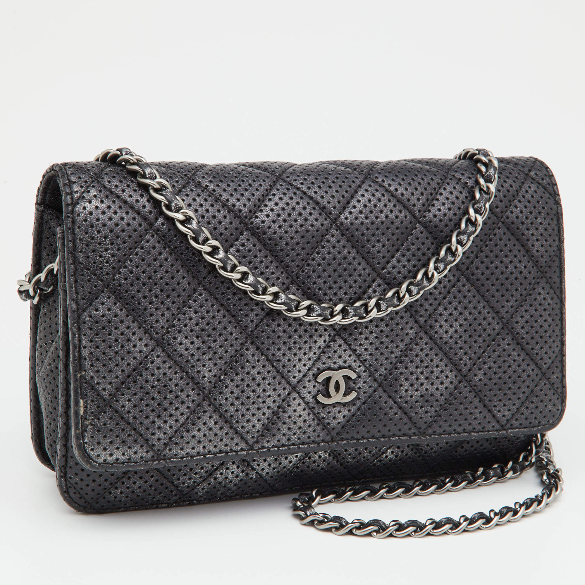 Chanel Black/Silver Quilted Perforated Leather Classic Wallet on Chain