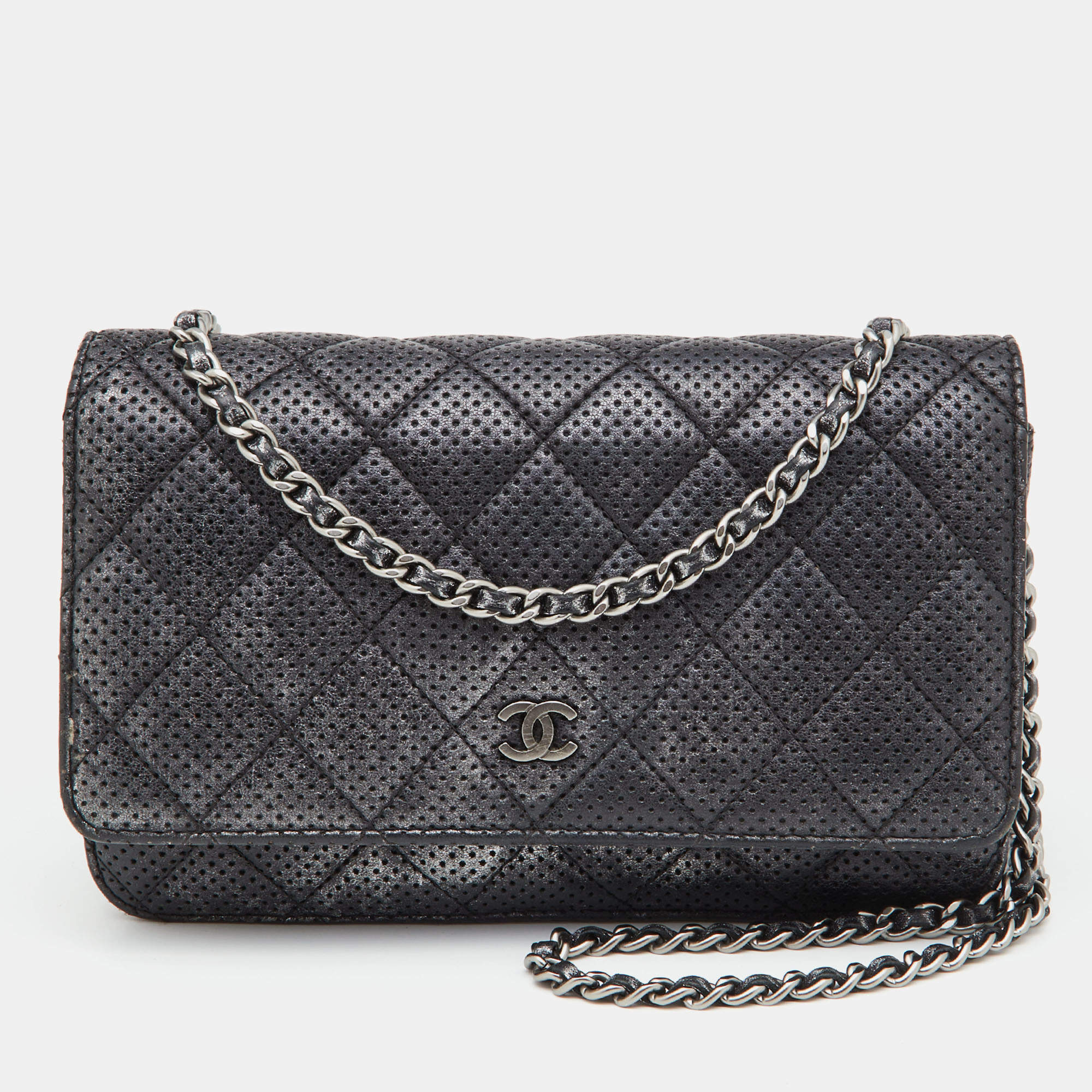 Pre Owned Chanel Black/Silver Quilted Perforated Leather Classic Wallet on Chain