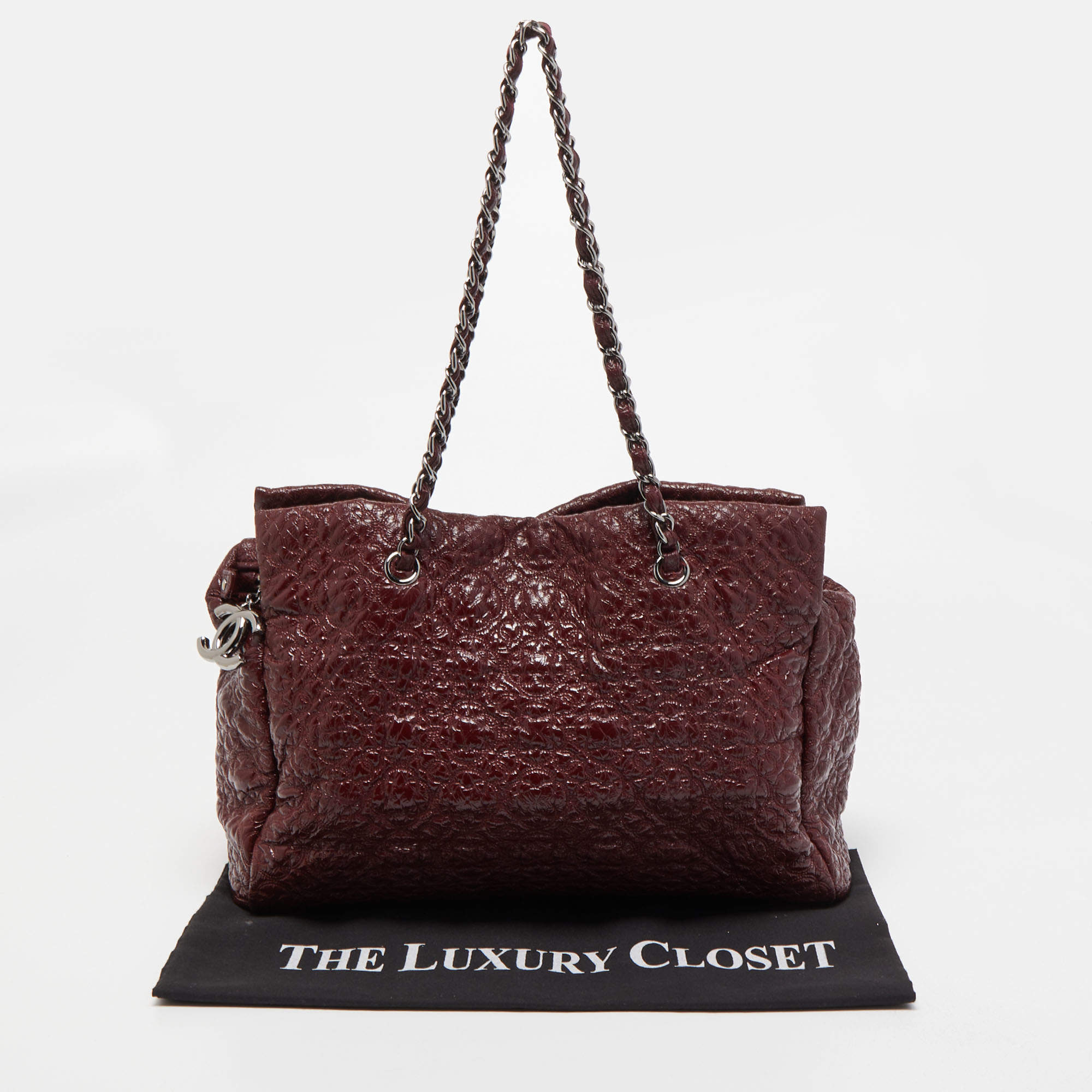 Chanel Burgundy Camellia Embossed Patent Leather Shoulder Bag Chanel
