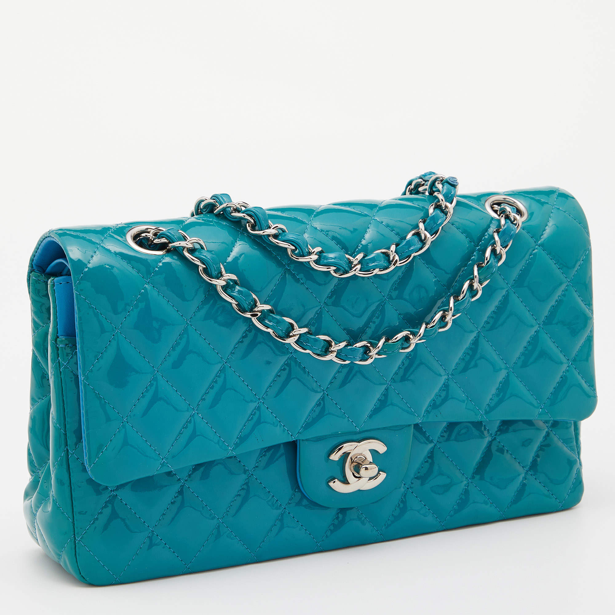 Chanel Blue Quilted Patent Leather Medium Classic Double Flap Bag