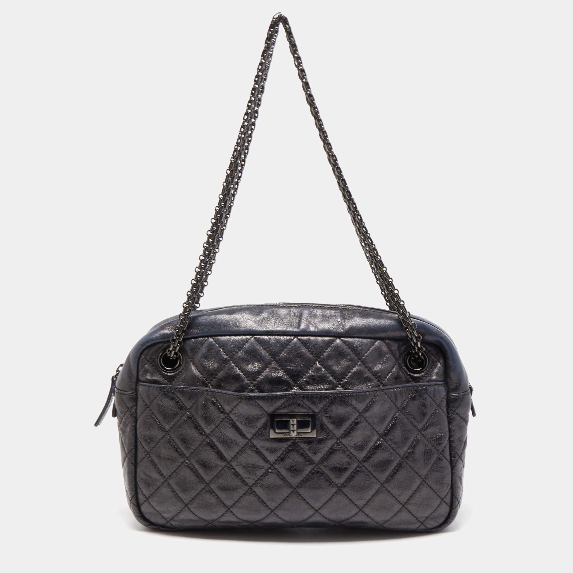 Chanel Black/Blue Quilted Iridescent Leather Mademoiselle Camera Shoulder Bag