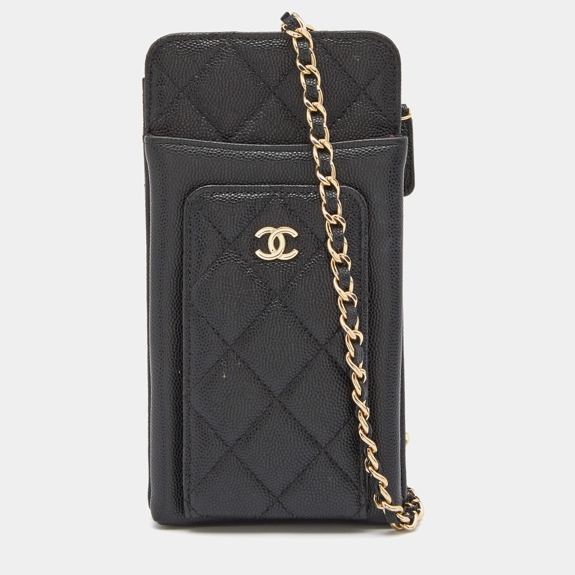 Chanel Black Quilted Caviar Leather Phone Holder Crossbody Bag Chanel