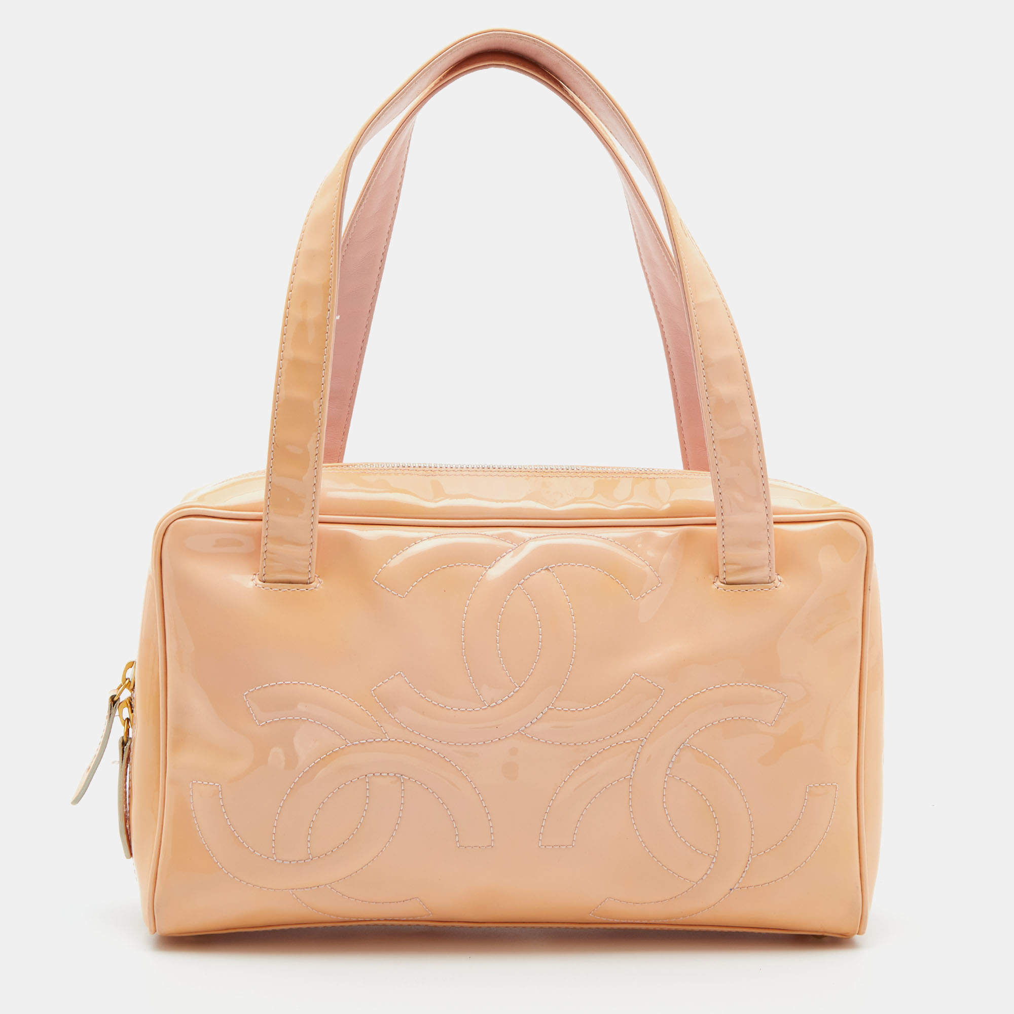 Pre Owned Chanel Peach Patent Leather Triple CC Bag