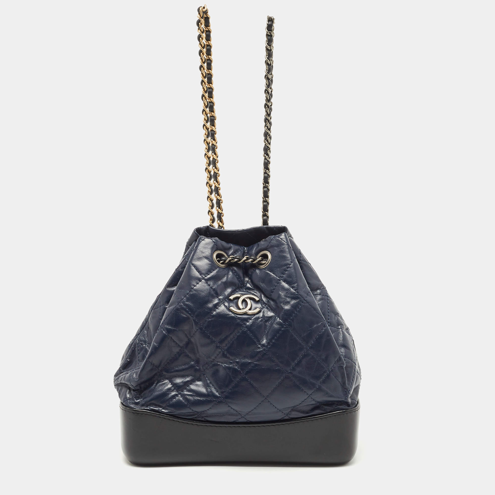 CHANEL Calfskin Quilted Small Gabrielle Bucket Navy Blue Black 1280581