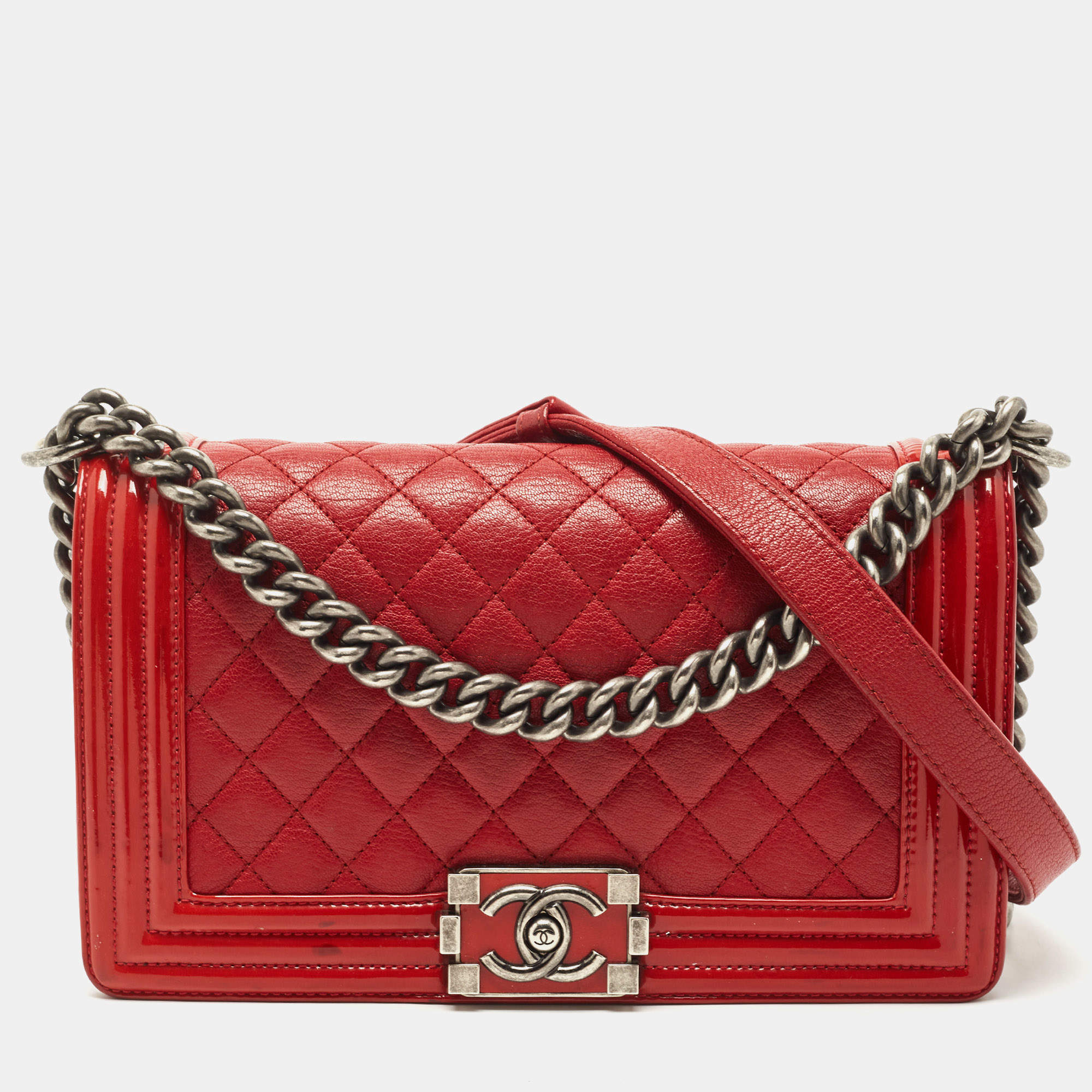 Chanel Red Quilted Leather and Patent Medium Boy Flap Bag