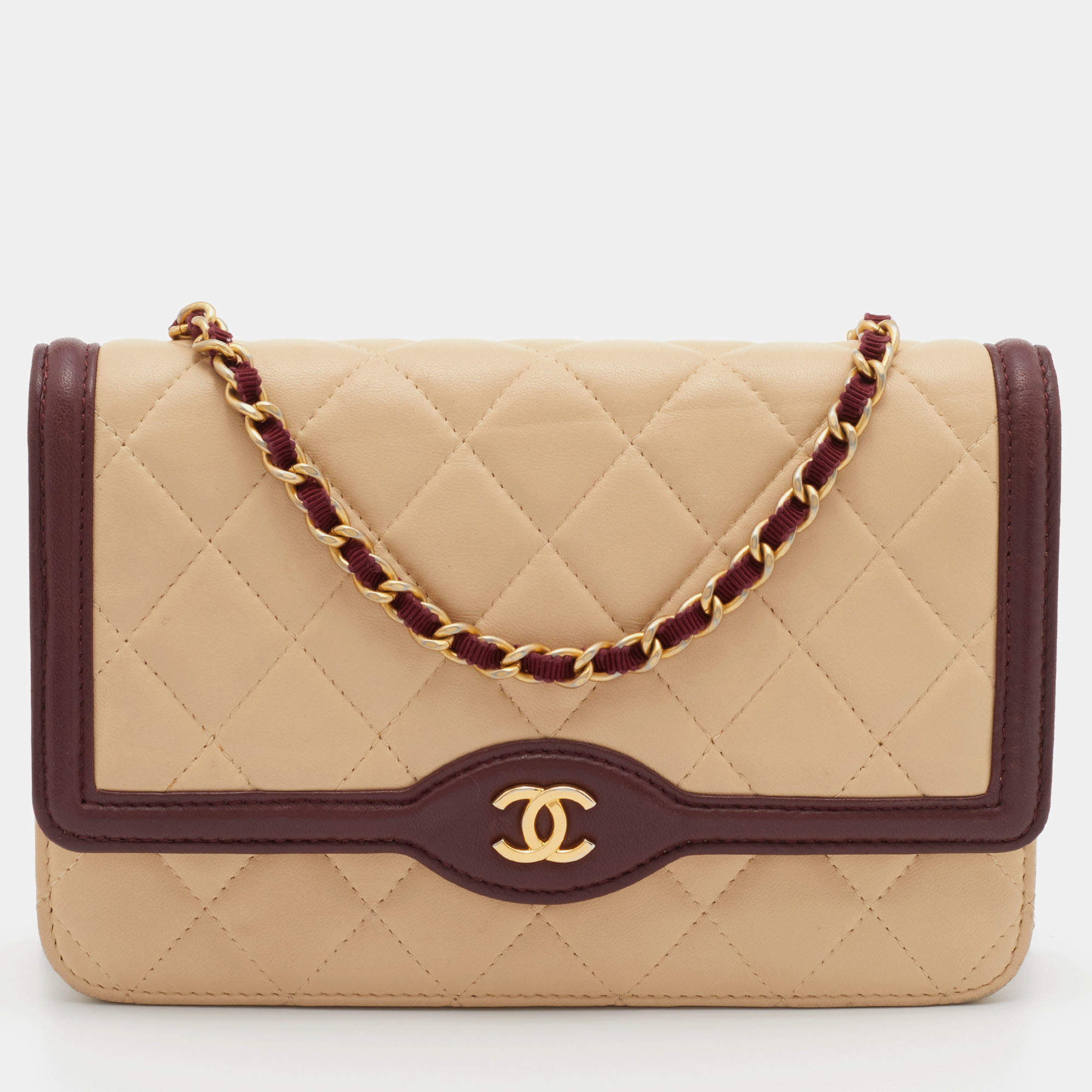 Chanel Beige/Burgundy Quilted Leather Classic Wallet on Chain