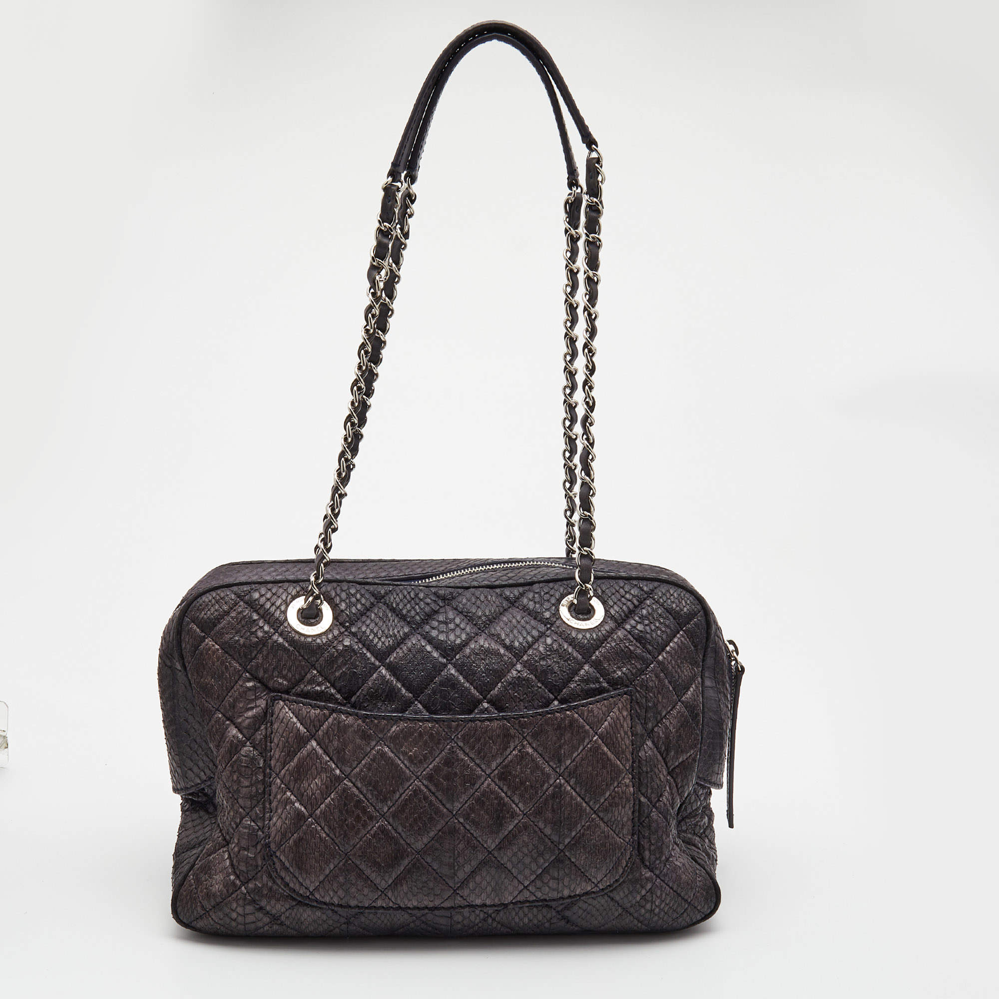 Chanel Grey Quilted Python CC Front Pocket Camera Bag