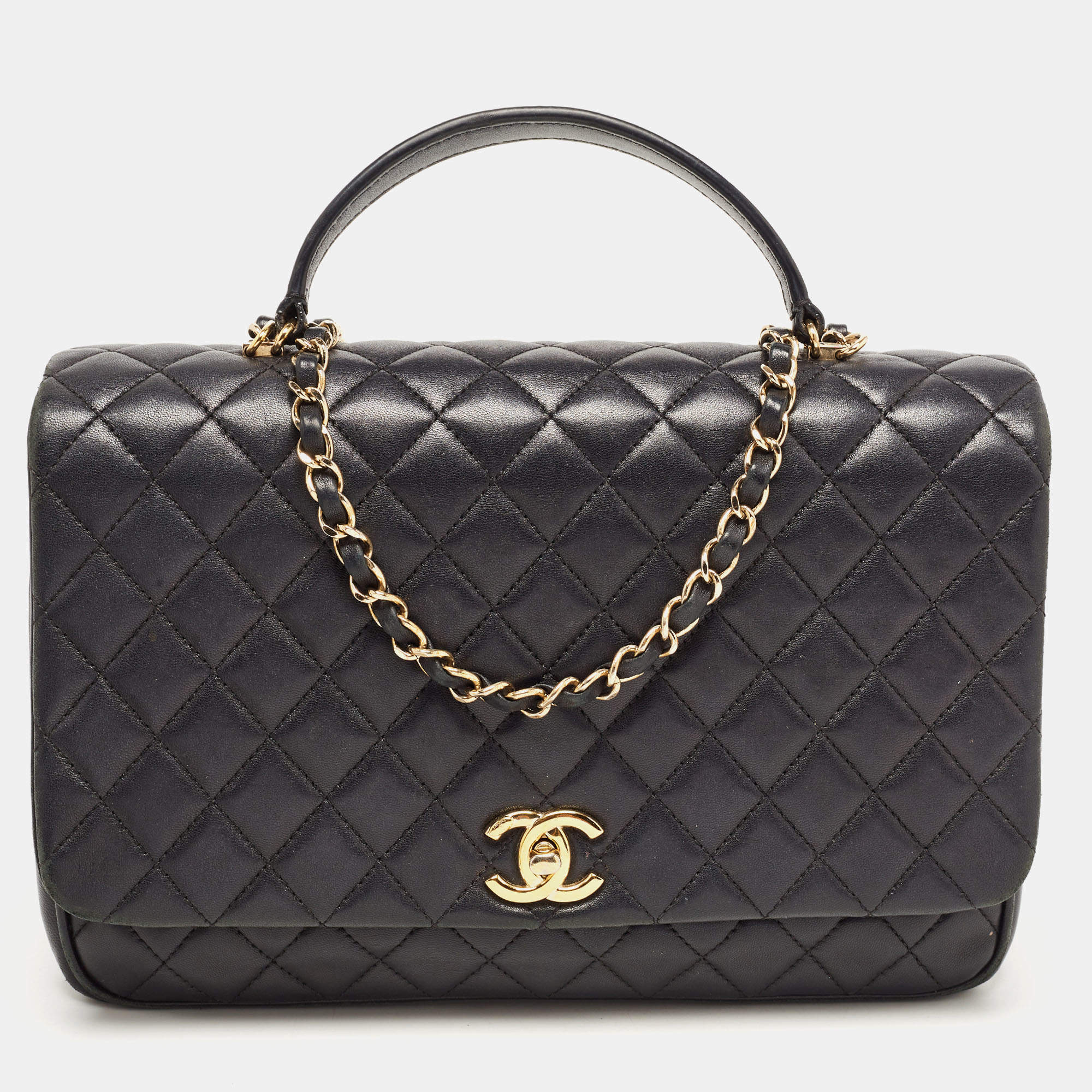Pre Owned Chanel Black Quilted Leather Flap Top Handle Bag