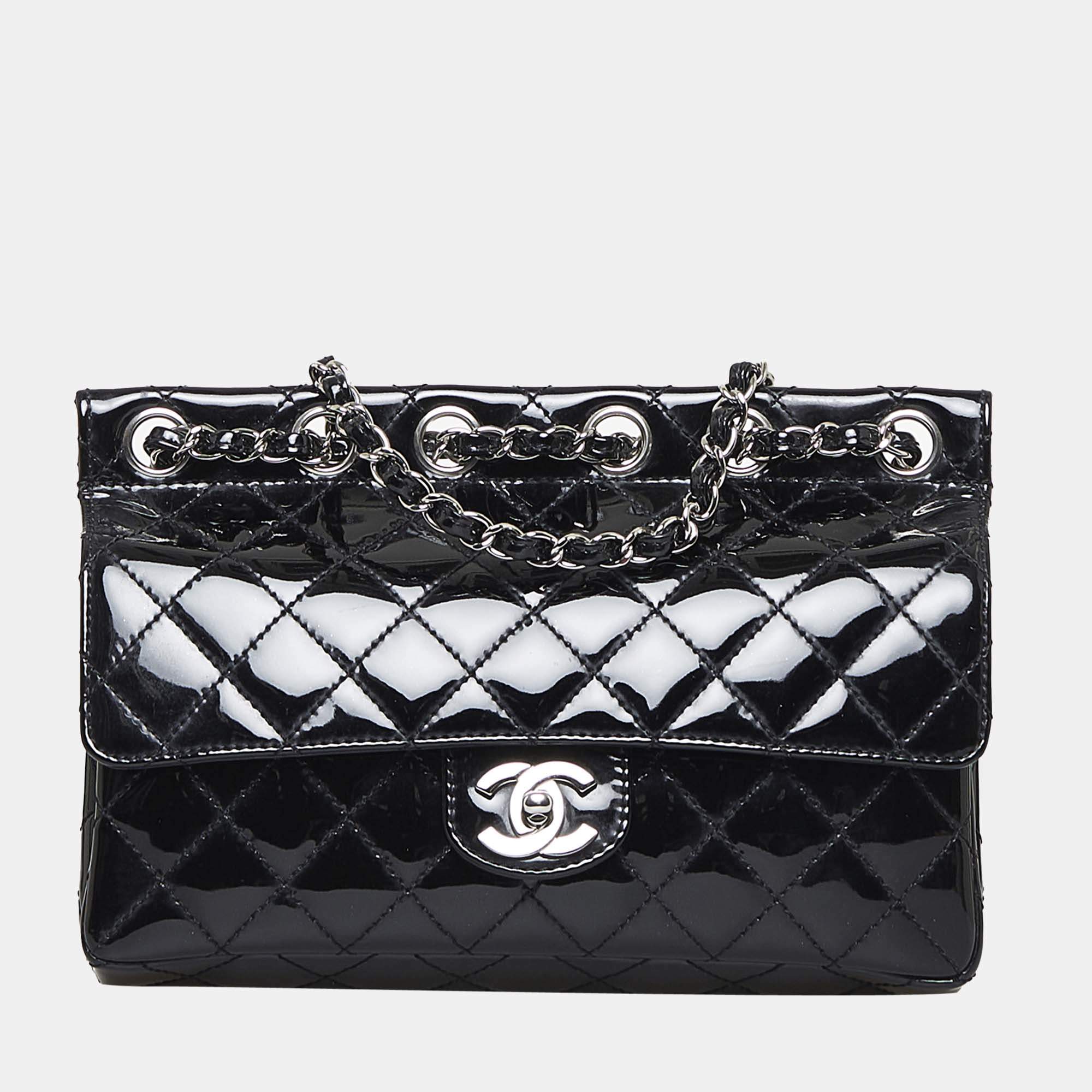 Pre Owned Chanel Black Medium Patent Chain-Through Flap Bag